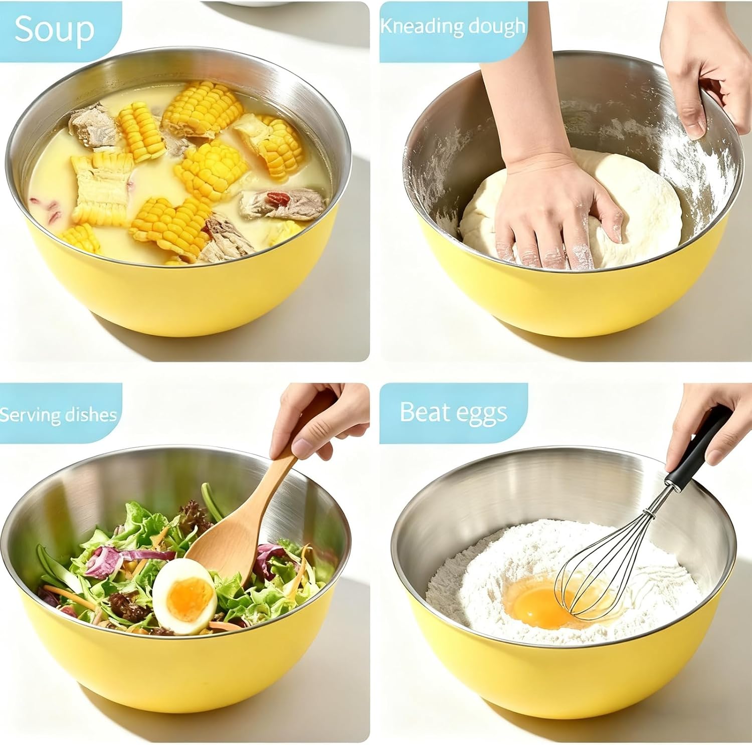 3Pcs Stainless Steel Mixing Bowl Set, Food Storage Organizers Mixing Bowl with Scale Nesting Bowls for Kitchen Salad Basin Baking Refrigerator Oven Safe Kitchen Mixing Bowls (Yellow)