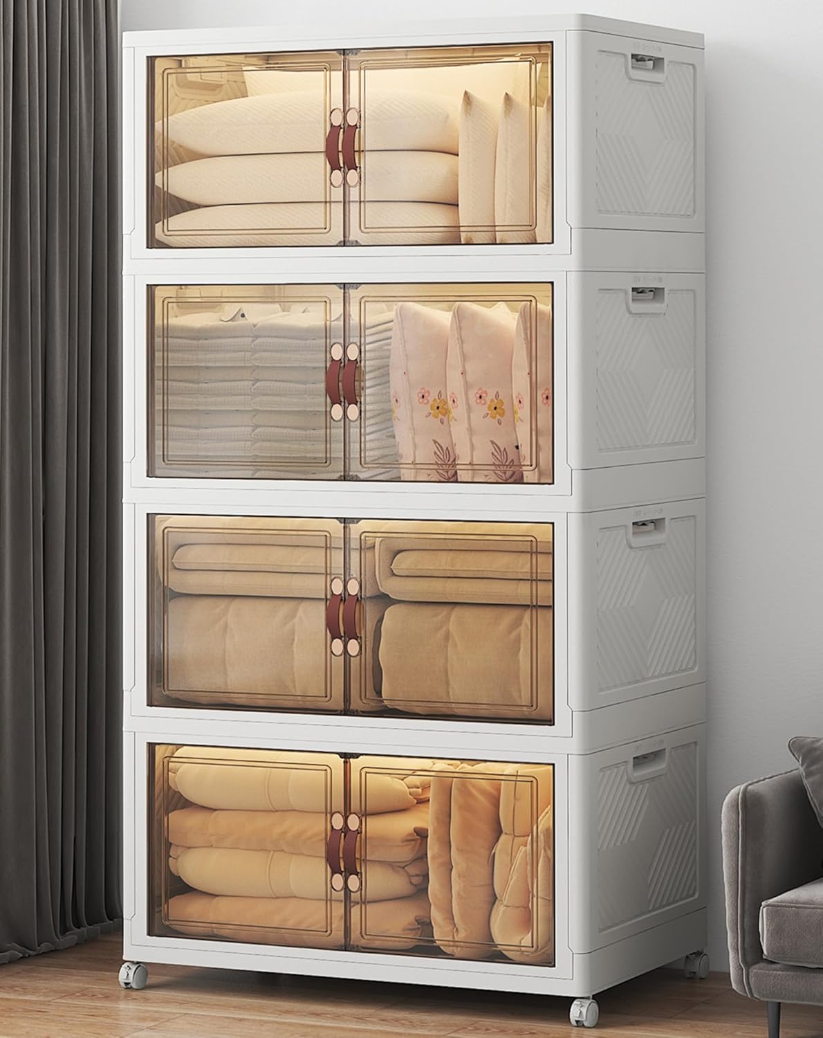 Extra Large Stackable Storage Bins with Lids & Wheels & Door, 660QT-165QT/41GAL*4Pack Foldable Collapsible Closet Organizers, Plastic Containers Drawers for Bedroom Dorm Garage