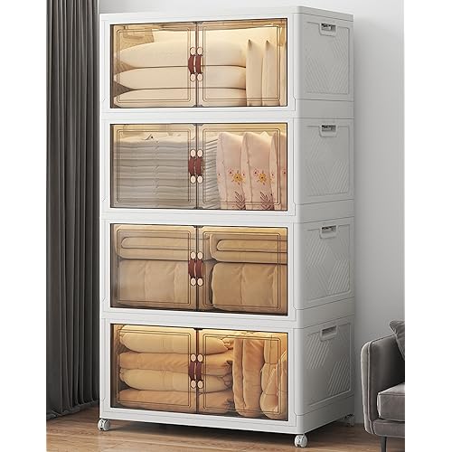 UAMFURI Stackable Storage Bins with Lids, 720QT Closet Organizers and Storage with Doors and Wheels, Extra Large Storage Cabinet, Collapsible Plastic Drawers for Bedroom Dorm Office Garage