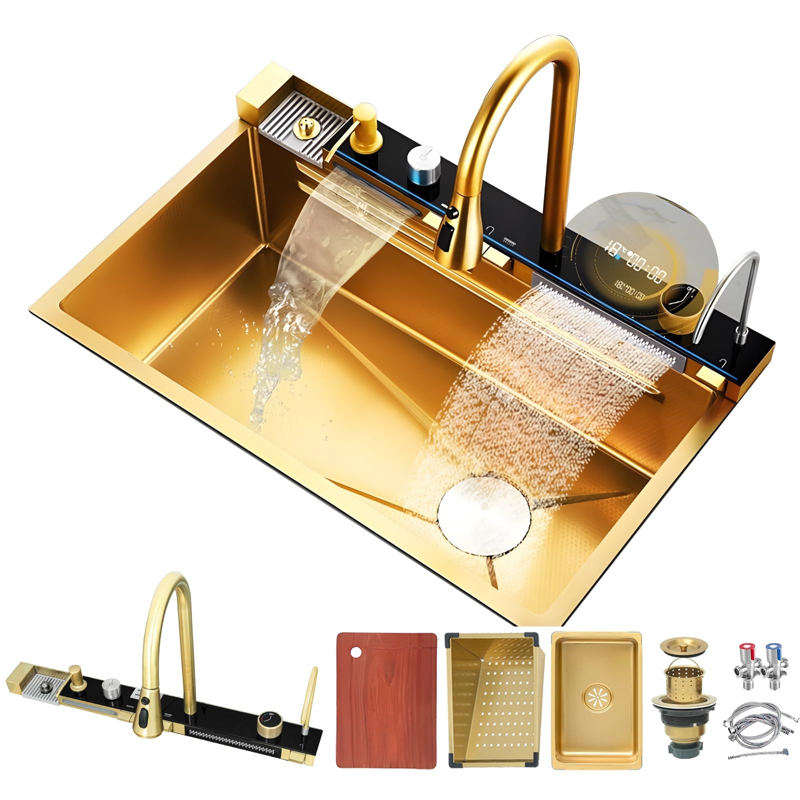 Fregadero de cocina de acero inoxidable, 68 x 45 cm, 1 lavabo con diseño de cascada y grifo extensible, fregadero individual con revestimiento nano en estilo rústico, moderno fregadero