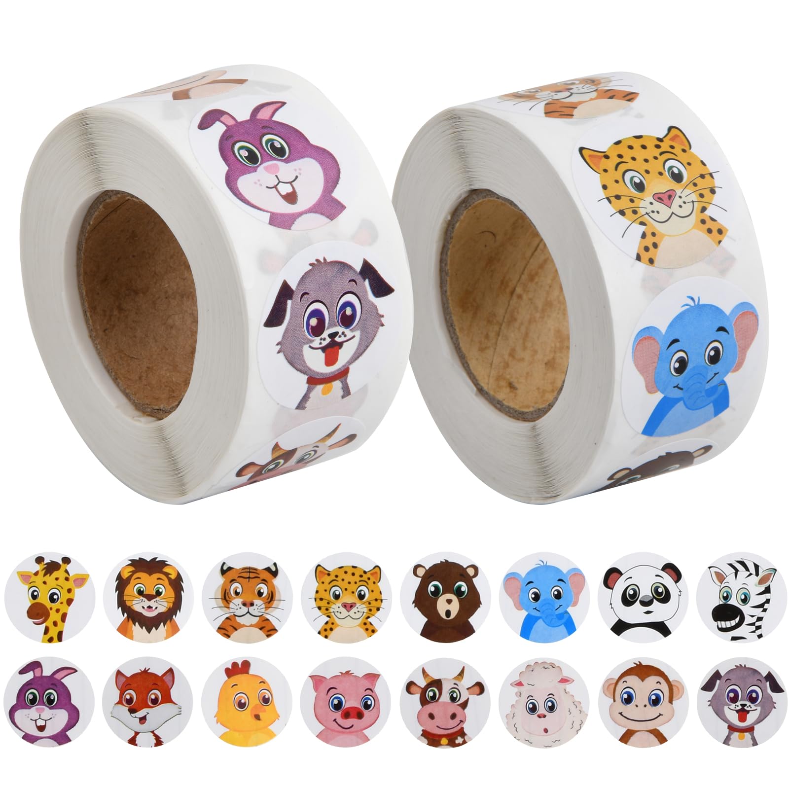1000 Pegatinas de Animales para Niños - Recompensas para Maestros, Animales en Forma de Círculo en Colores, Pegatinas Motivacionales para Niños, 2 Rollos