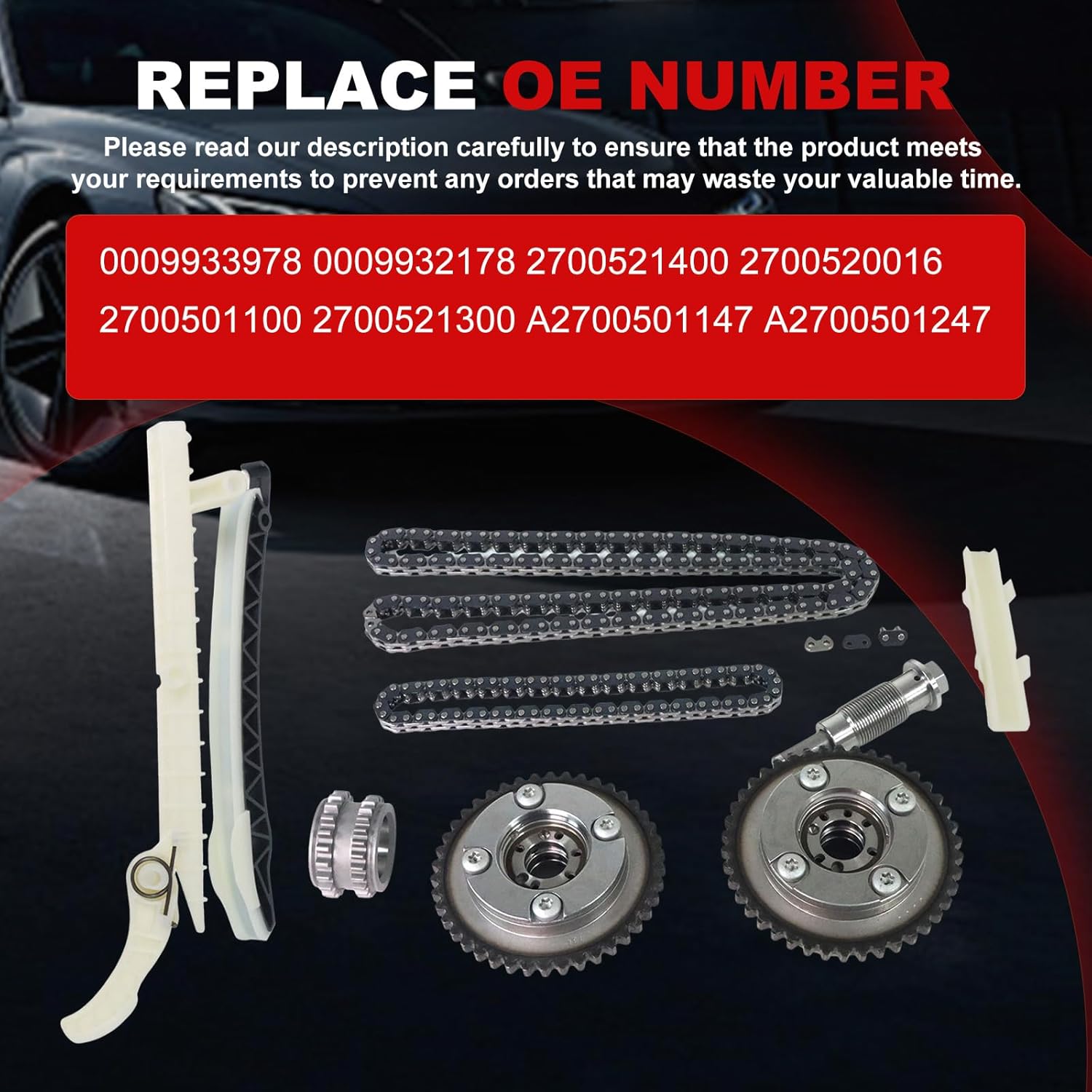 Timing Chain Kit 2.0L 1.6L Fit for GLC300 2016-2018 for GLC250 2017-2018 for C300 C250 C200 15-18, for GLA250 15-18 CLA200 13-18 GLA180 17-18, for E300 / E250 / E200 Engine Time Parts