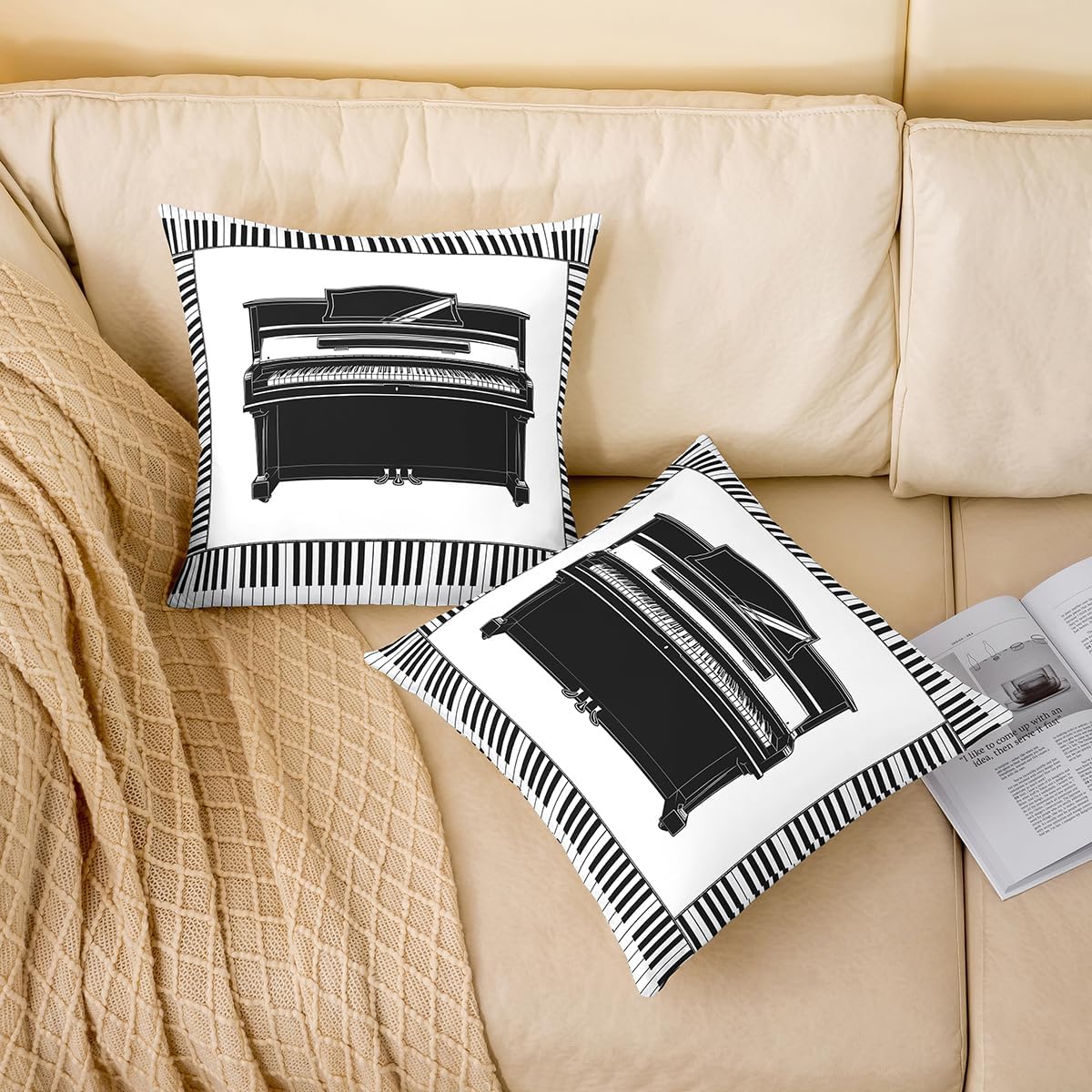 Black White Piano Throw Pillow Covers 22x22 Inch Set of 2 Piano Keyboard Plaid Decor Cushion Covers for Kids Teens Adults Musical Instrument Modern Music Style Cushion Cases for Bed Living Room image 2