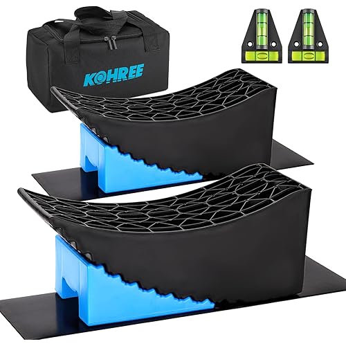 Kohree RV Leveling Blocks 6 Inch, 2 Packs Sturdy Camper Curved Levelers with 2 Wheel Chocks, 2 Rubber Mats & Carry Bag, RV Leveling System for Single Dual Axle Travel Trailers