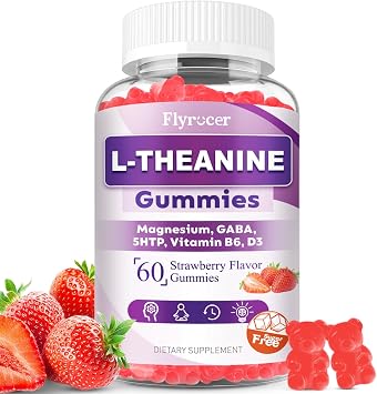 Sugar Free L-Theanine Gummies, L Theanine Supplement for Adults & Kids, LTheanine with Ashwagandha, Magnesium, 5HTP & GABA - Support Calm, Relax, zzZ, Focus, Vegan Strawberry Flavor, 60 Count