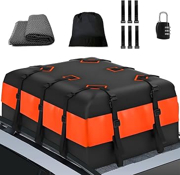 21 Cubic Rooftop Cargo Bag, 50L x 40W Soft-Shell 100% Waterproof Roof Rack 840D Car Bag Black and Yellow Combination for All Cars Mat Door Hooks and Luggage Lock