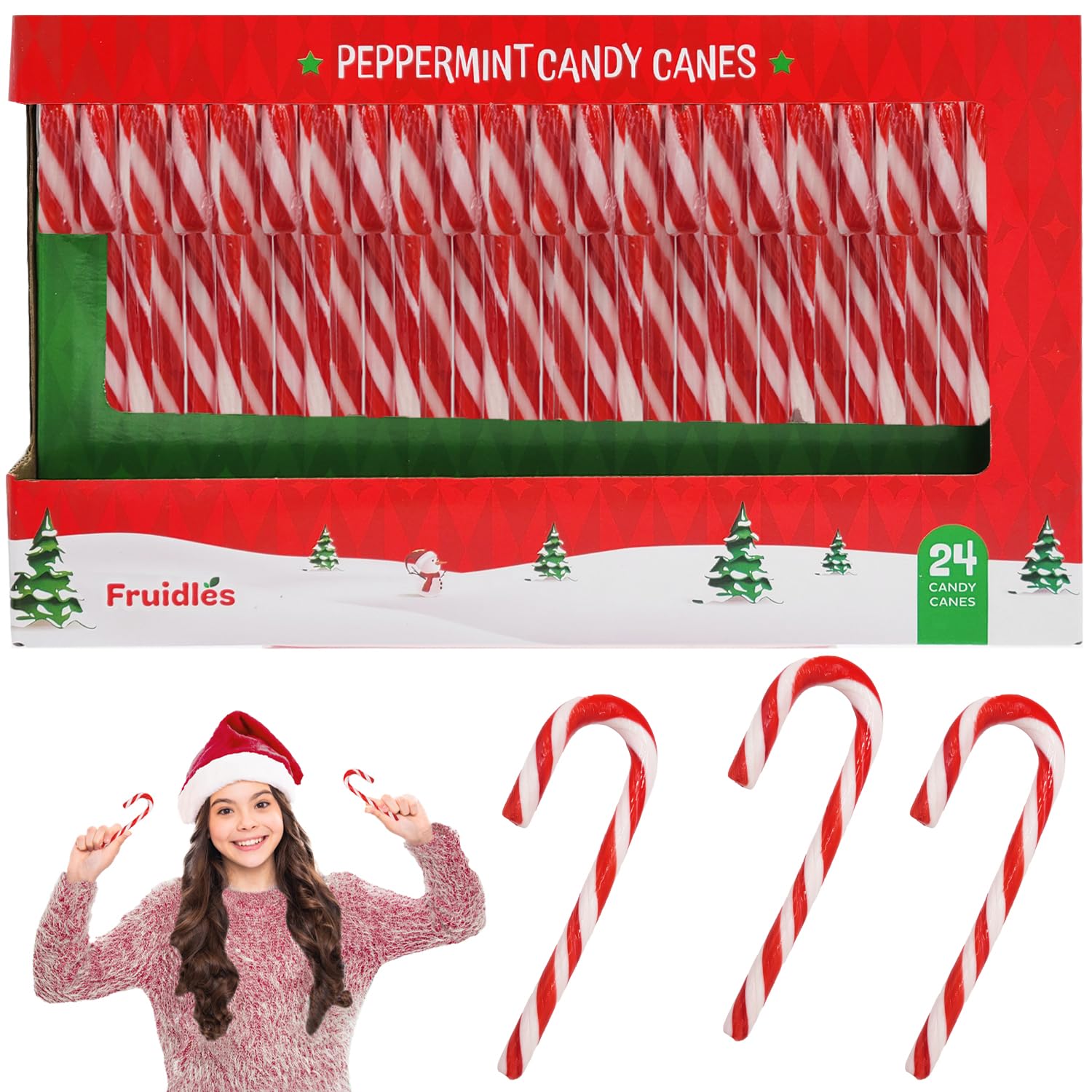 Fruidles Christmas 24-Pack Candy Canes Suckers, Peppermint Flavor, Individually Wrapped