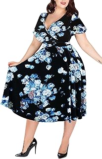 Plus Size Dresses for Curvy Women Casual Summer V Neck Short Sleeve Midi Cocktail Vintage Dress with Pocket
