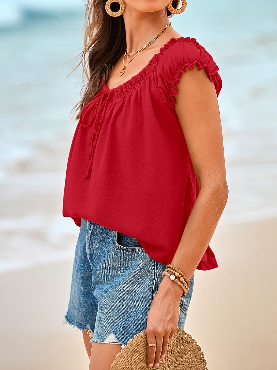 Tankaneo Women Summer Tie Front Tank Tops Cap Sleeve Pleated Babydoll Tops Casual Loose Fit Going Out Flowy Shirt - Image 5