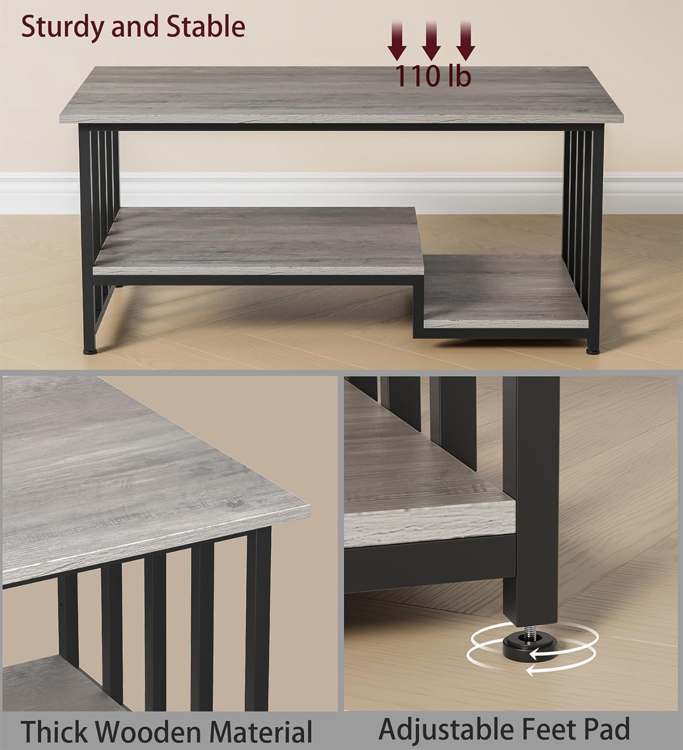 Coffee Table, 2-Tier Coffee Table with Storage, 39.4" Farmhouse Wooden Center Table, Easy to Assemble, for Living Room, Wash Gray