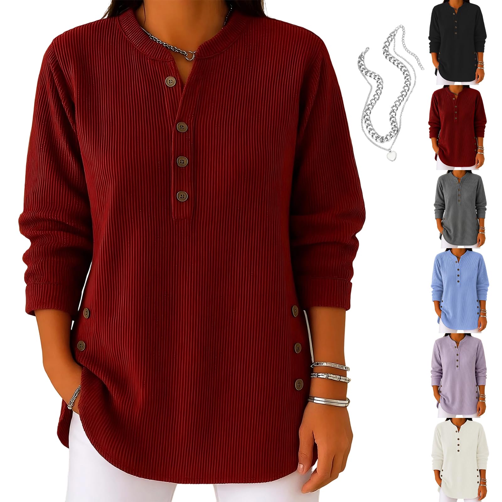 RJDJ Womens Solid Color Crew Neck Long Sleeve Casual Loose Knit Pullover Soft Cozy Button Down Sweater Shirts