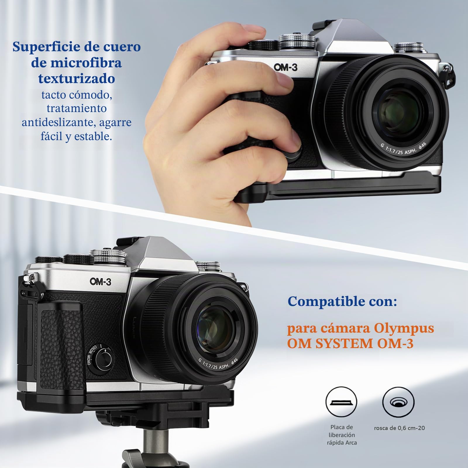 Haoge Soporte de cámara OM3 para OM SYSTEM OM-3 Fit Arca Swiss Kirk RRS placa de liberación rápida HG-OM3