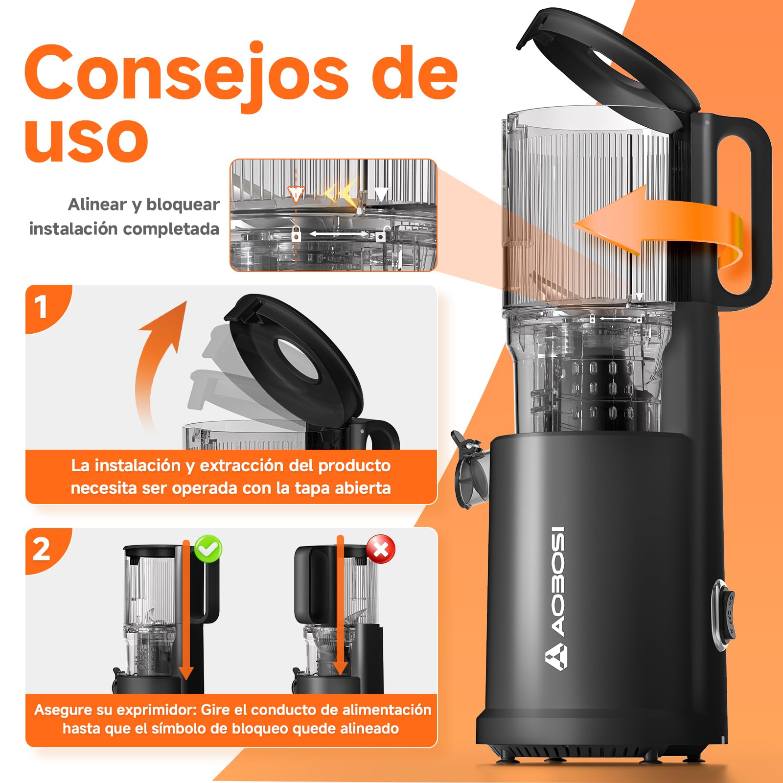AOBOSI - Exprimidor lento de 135 mm XXL, orificio de llenado, 90 RPM, motor de cobre silencioso, sin BPA, alto rendimiento de zumo, para verduras y frutas, función de masticación inversa, ganador de