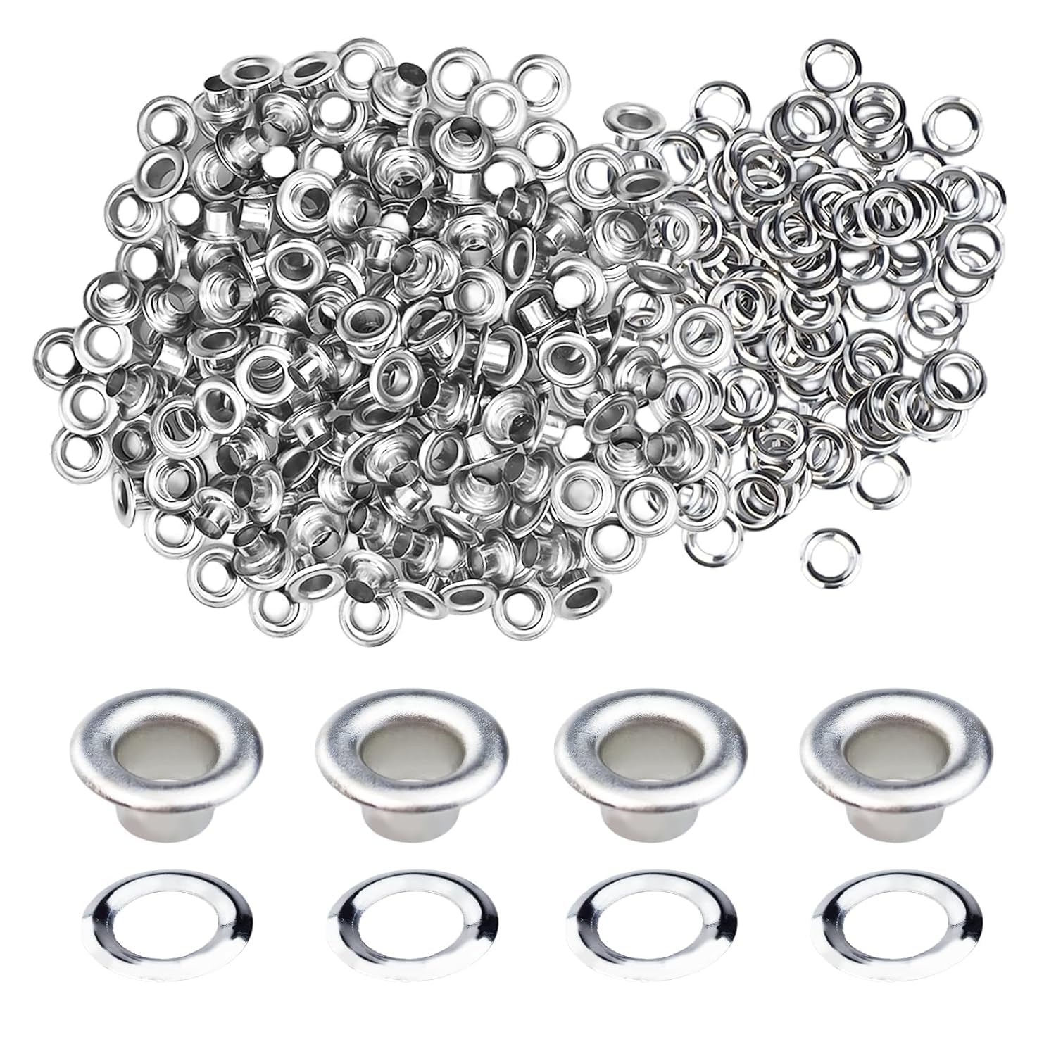 Flylin 200Pcs Grommet Eyelet Kit, 1/4" Brass Grommet Kit with 200 Metal Eyelets and 200 Washers, Fabric Leather Hole Eyelets for Fabric/Leather/Belt/Shoes/Clothes (Silver)