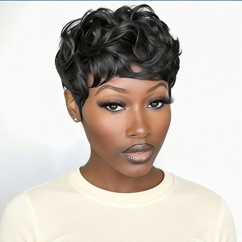 Pelucas de corte Pixie para mujeres negras, pelucas cortas negras naturales con flequillo, pelucas de pelo corto para mujeres negras (negro)