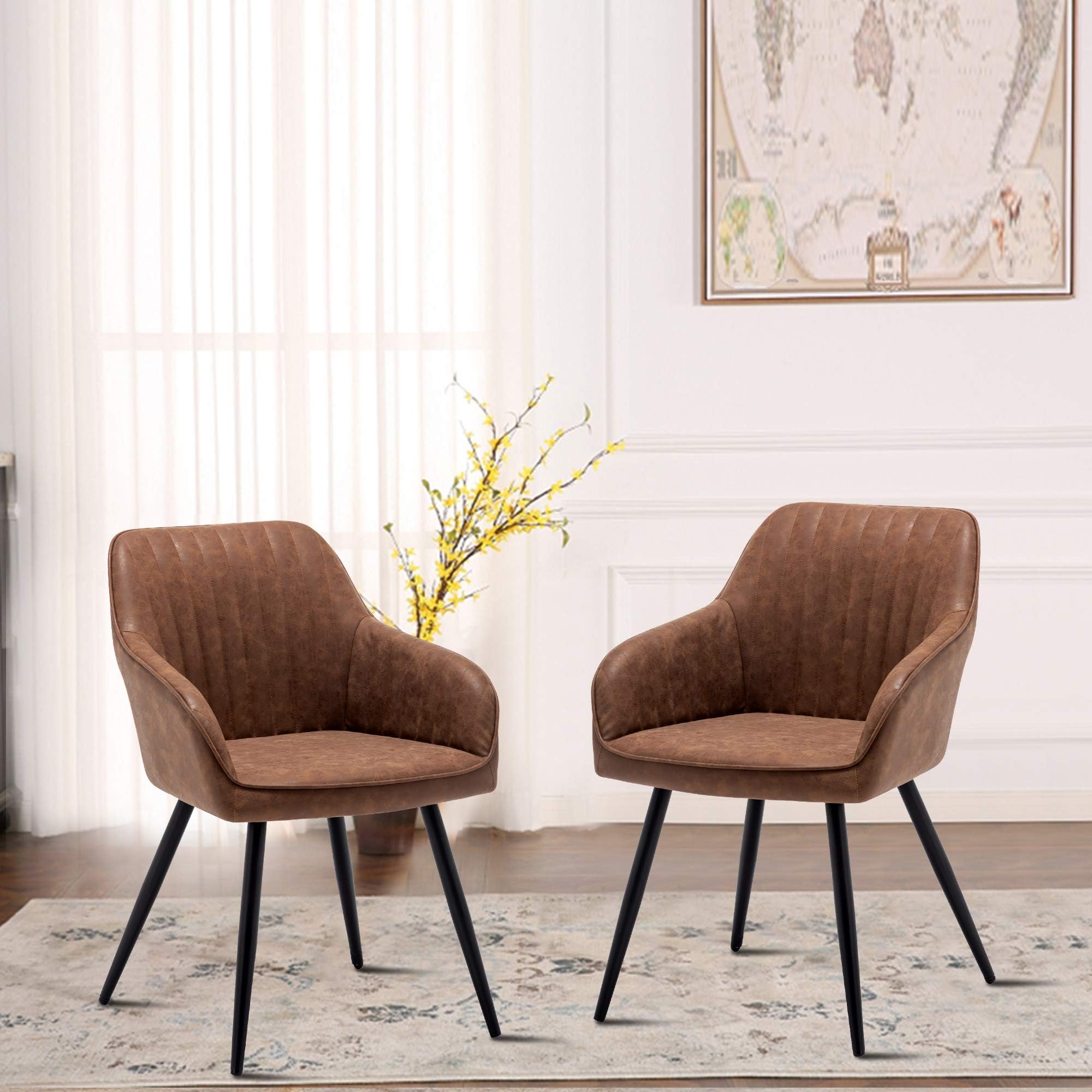 ANNJOE Faux Leather Accent Chair Arm Chairs Living Room Chairs Leisures Chair Upholstered Chair with Metal Legs Set of 2 for Home Kitchen Office Bistro Cafe, Brown