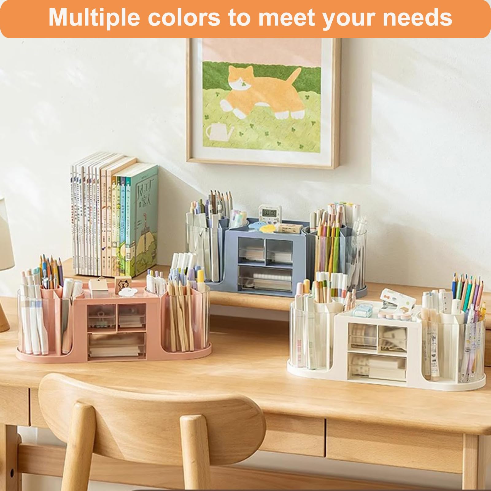 Organiseur de Bureau Rotatif à 360 Pot à Crayon Rotatif 14 Compartiments Porte Stylos de Bureau Faire Tourner Pot Crayon Rangement Stylo Pour Papeterie Maquillage L'artisanat (Rose)