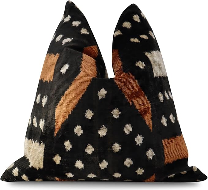 Canvello Handmade Velvet Throw Pillow – Luxury Geometric Black and Brown Decorative Cushion Cover, 16x16 Inch with Down Feather Insert – Bohemian Tribal Accent for Sofa, Couch, or Bed