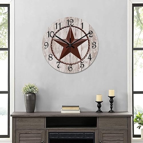Miniatura 6 de Reloj de pared redondo de 15 pulgadas, con estrella del oeste de Texas, reloj de pared decorativo de madera antigua, sin tictac, funciona con pilas,