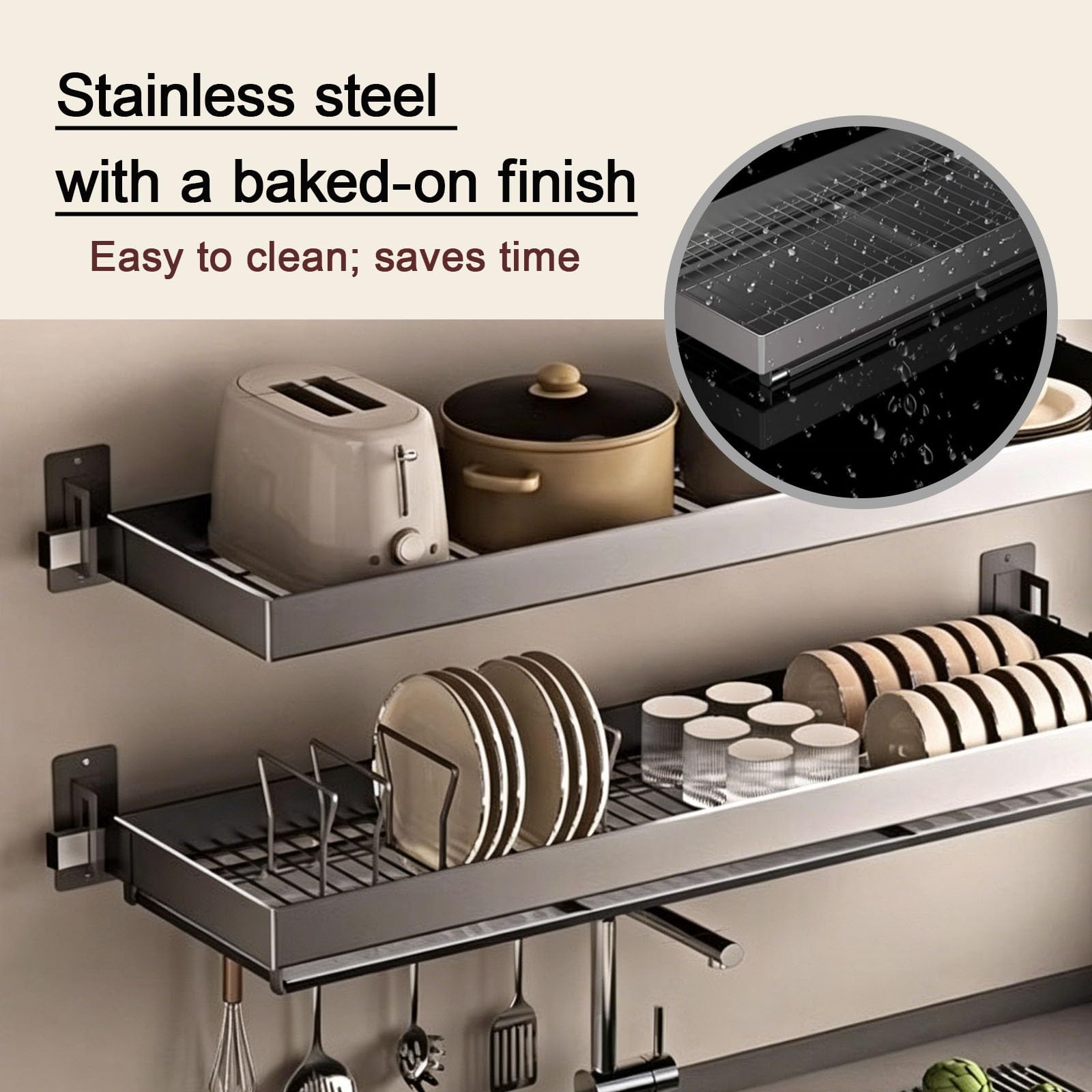 inless - Scolapiatti da parete in acciaio, design salvaspazio a due ripiani, con supporto per bacchette, senza trapano, per cucina nizat (B95 x 100 cm)