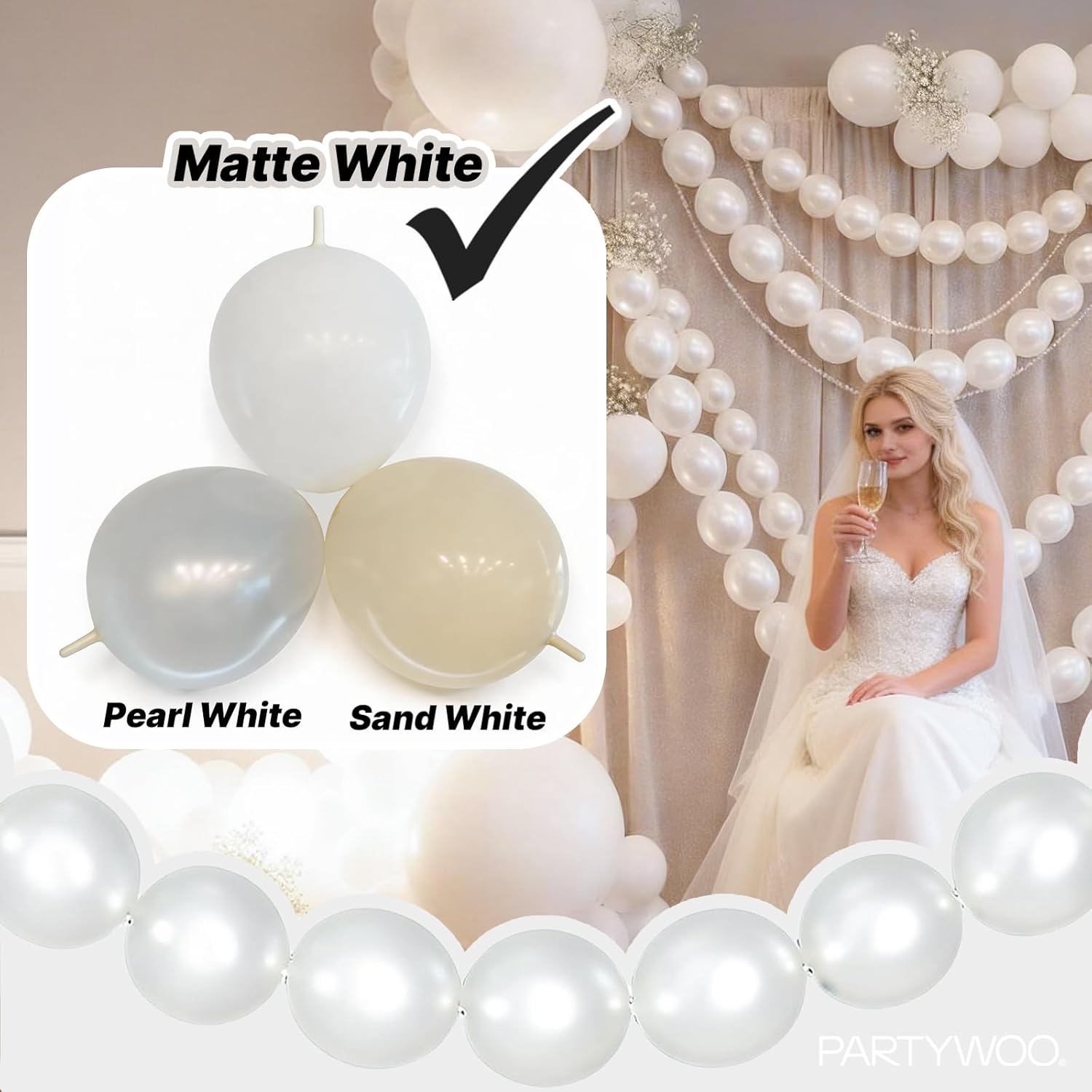 PartyWoo Pearl White Linking Balloons 100pcs 6 Inch White Link Balloon for Anniversary Retirement Wedding Graduation Baby Shower Birthday Gender Reveal Engagement Party Decorations White-z30