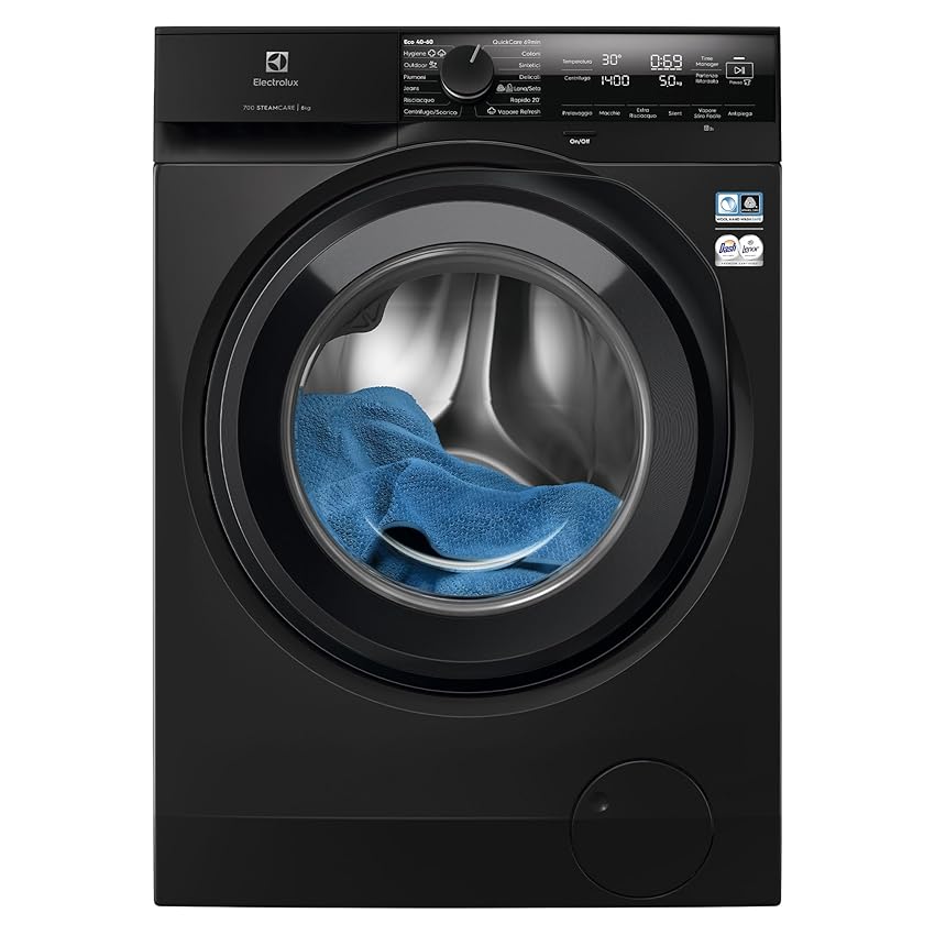 Electrolux Lavatrice a Carica Frontale EW7F48B, 8 kg Serie 700 SteamCare, 1400 Giri/min, Tecnologia Vapore PRO e SensiCare+ Programma Vapore Refresh 25, Cesto CareDrum, 847x597x576mm, Nero, Classe A