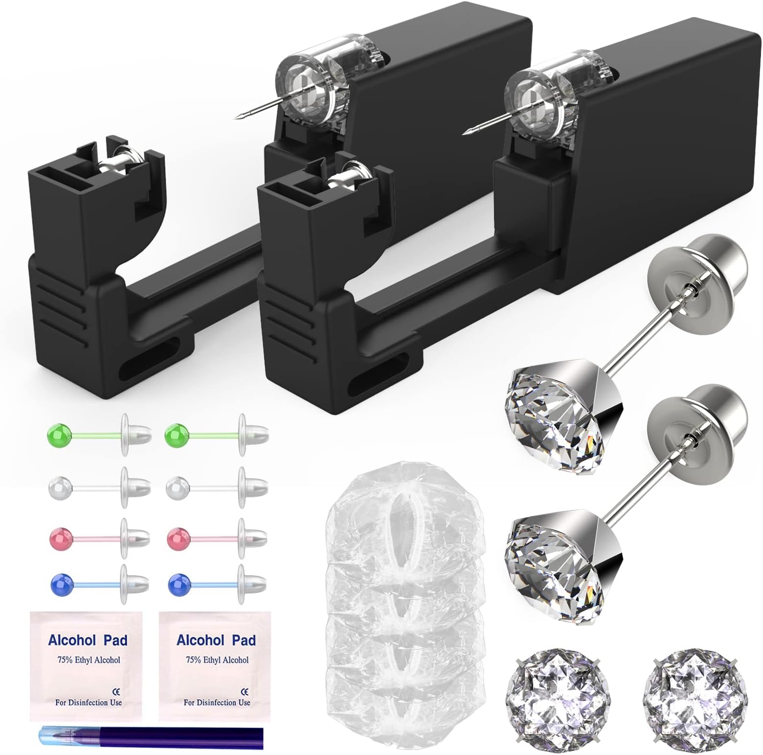 KAIQIKAIXI 19Pcs Ear Piercing Kit Disposable Sterile Ear Piercing Kit Painless Ear Piercing Gun Tool with CZ Size 5 mm Silver Earring Studs (Silver, 5mm)