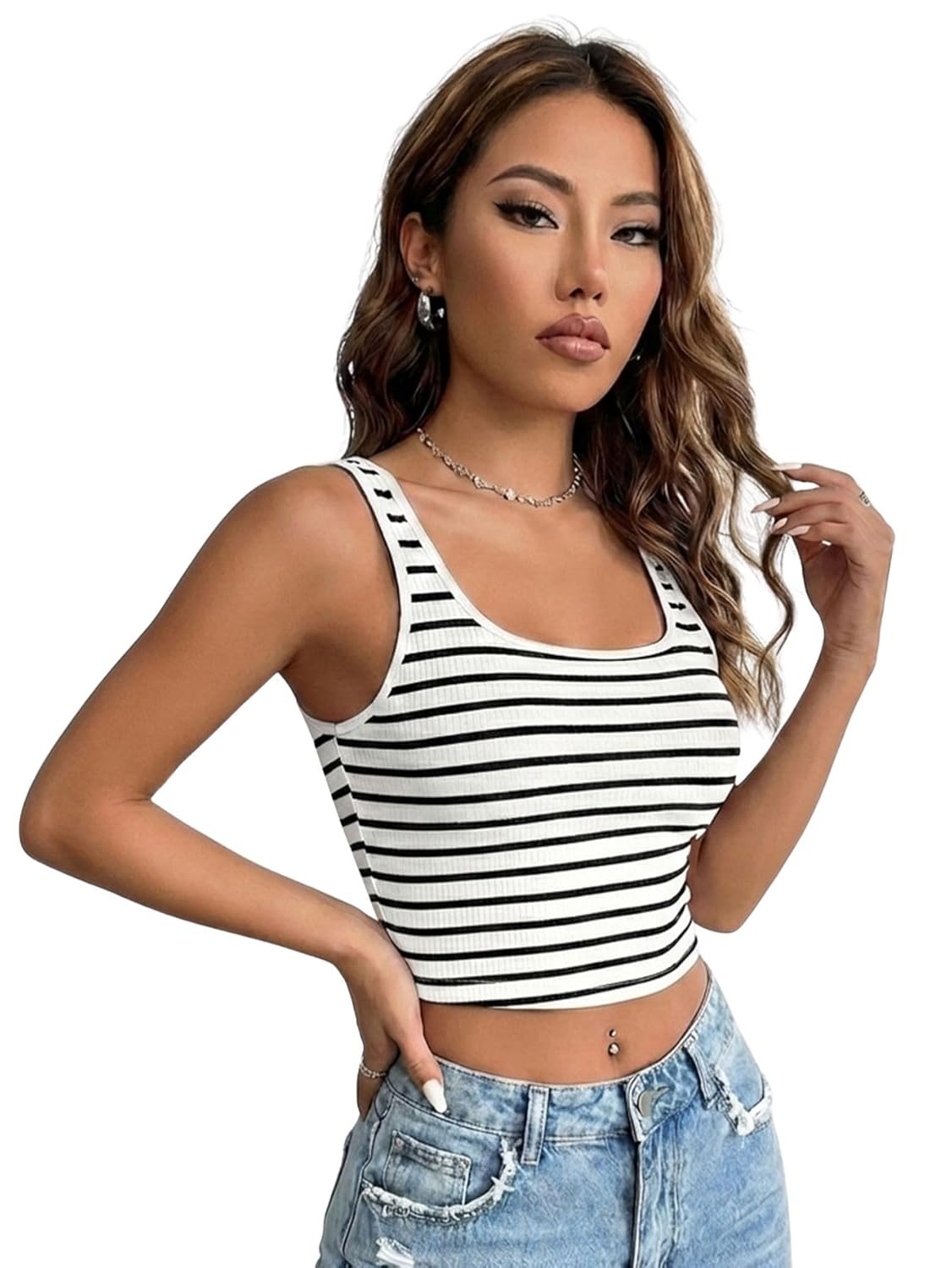 Aahwan Women’s Polyester Slim Fit Solid Striped Print Crop Tank Top