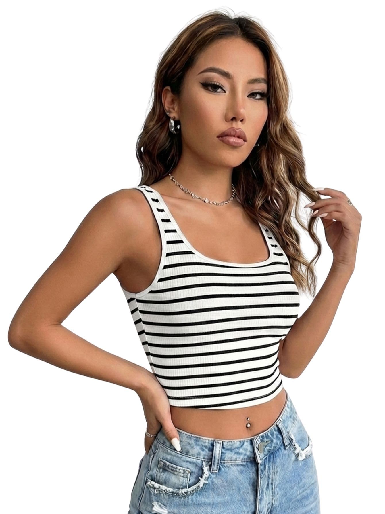 Aahwan Women's Polyester Slim Fit Solid Striped Print Crop Tank Top-picture-17