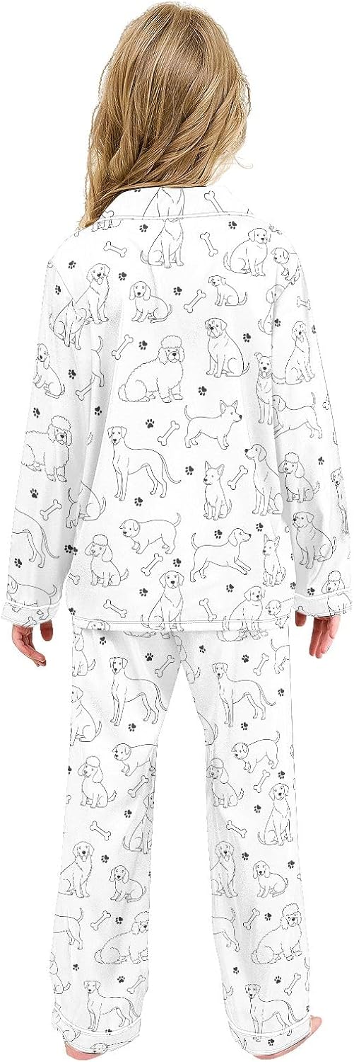 Kids Casual Satin Wear Set Dogs Lines Pattern Unisex Relaxed Fit Clothing