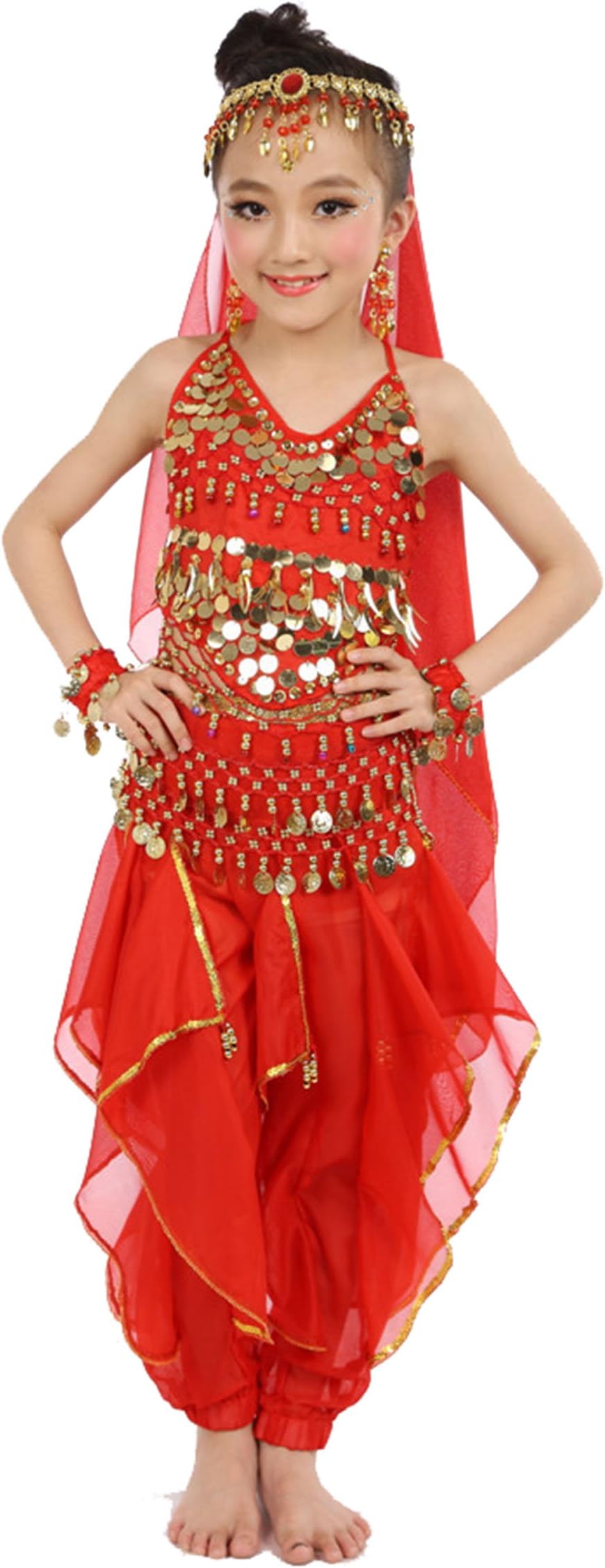 Kids Girls Belly Dance Halter Top Pants Costume Set Halloween Outfit with Head Veil Waist Chain and Bracelets