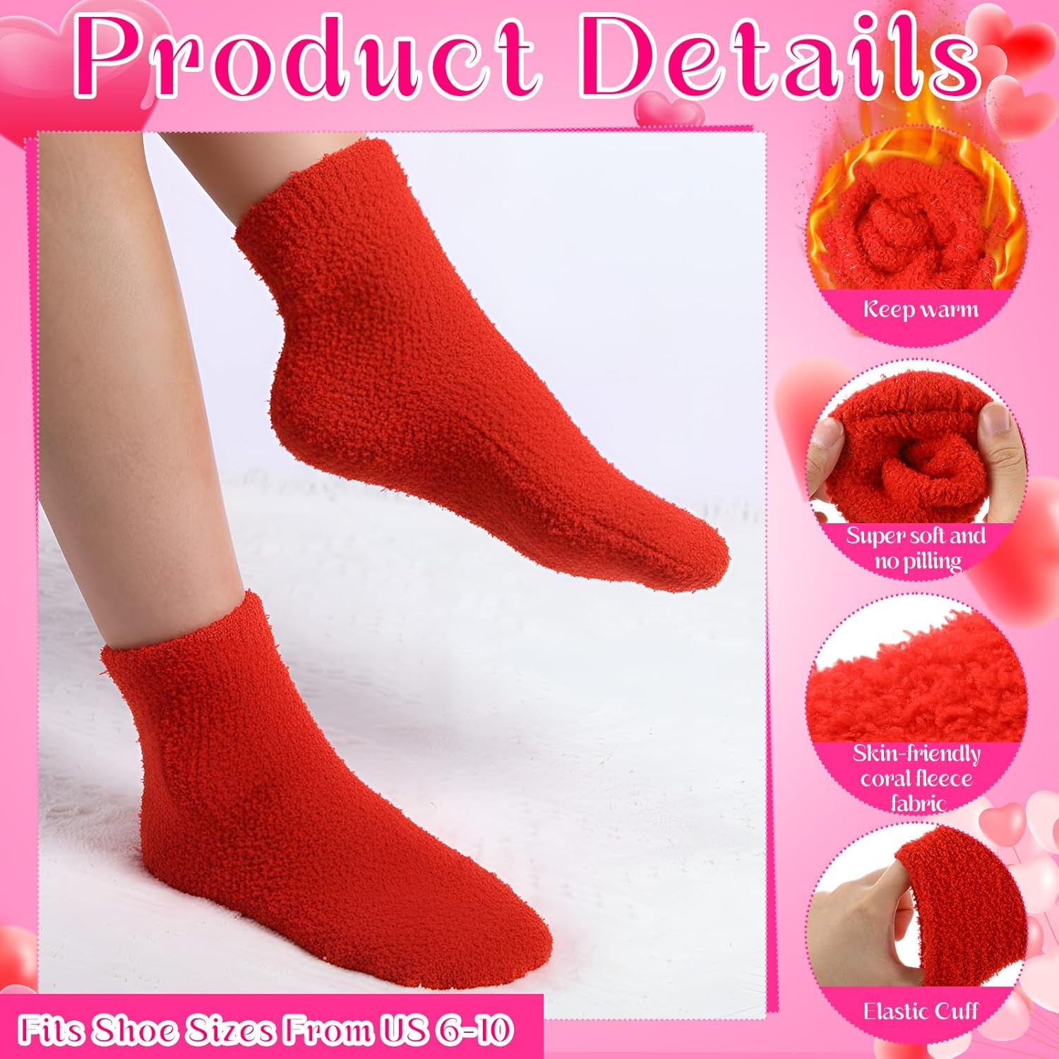 Foaincore 24 Pairs Valentines Women Fuzzy Socks Bulk Cozy Fluffy Winter Warm Socks Pink Red Soft Sleeping Gifts for Valentine's Day - Image 5