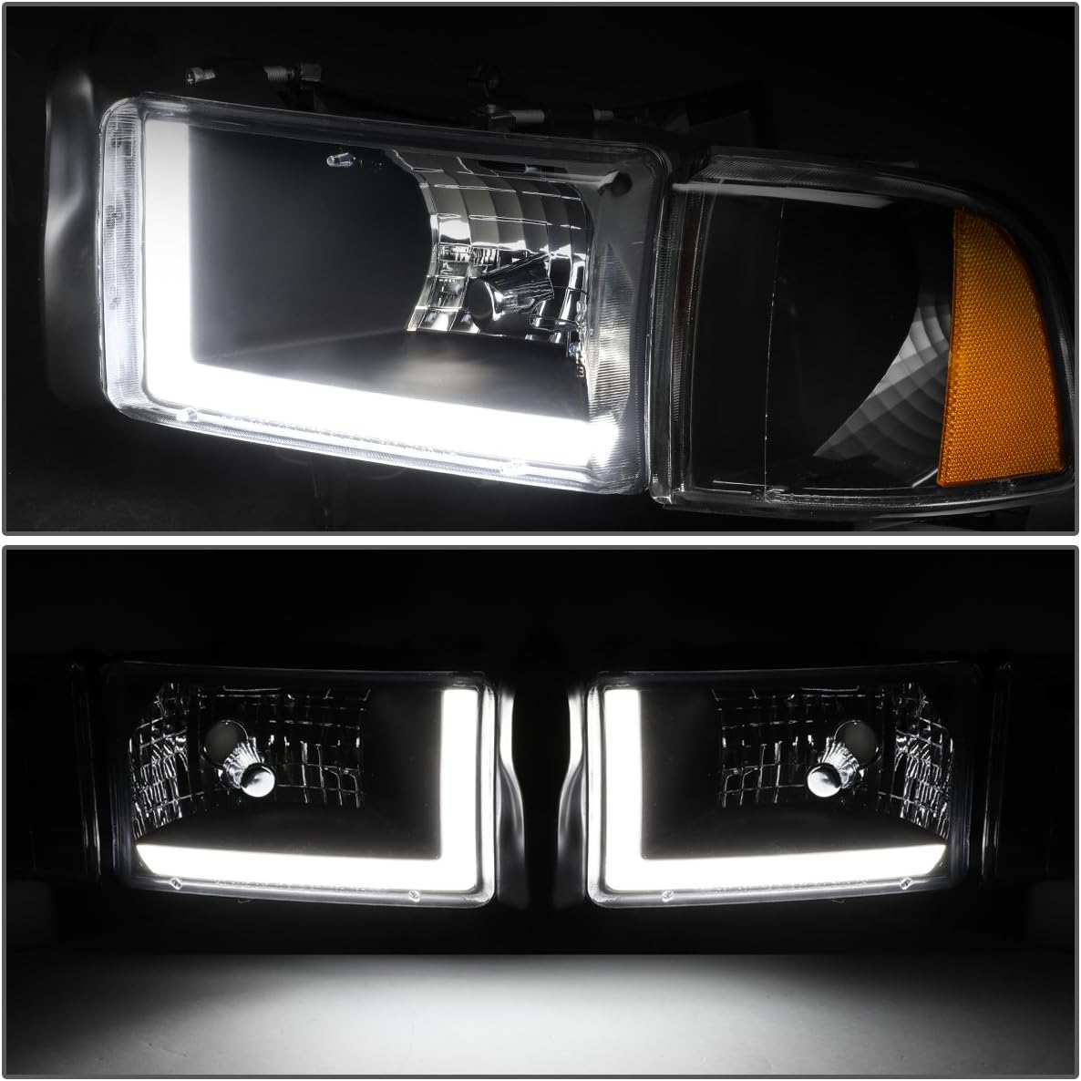 DNA MOTORING HL-LB-DR944-BK-AM LED DRL Front Bumper Headlight Compatible with 94-01 Ram 1500 94-02 Ram 2500 3500 Not fit Sport Models