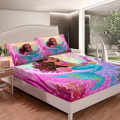Miniatura 3 de Erosebridal Kawaii - Juego de sábanas de tamaño individual con diseño de sirena para niña, color negro y estrellas con purpurina en el océano