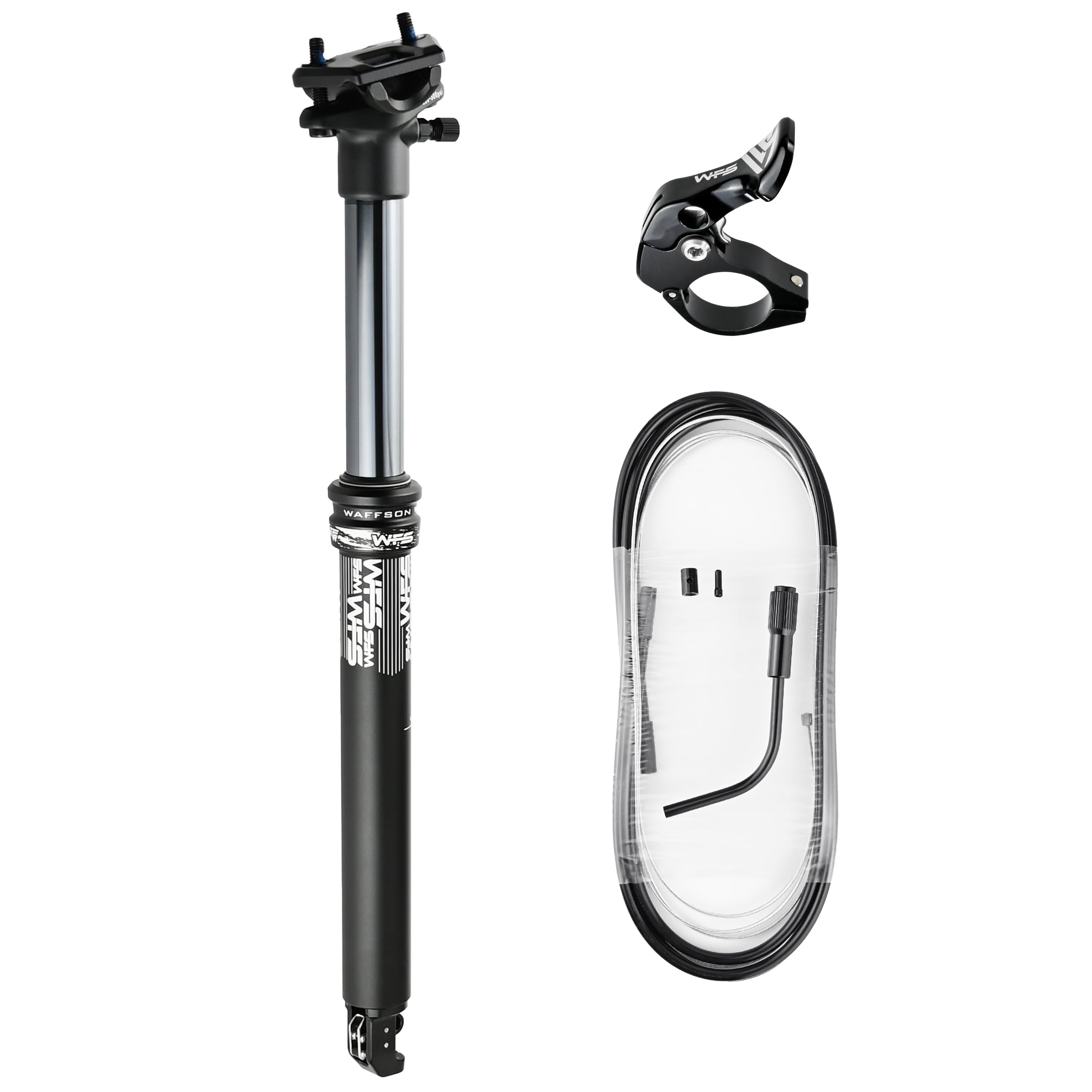 WFS Strata MTB Air Adjustable Suspension Internal Routing 31.6mm Dropper Post Kit w/ Remote Lever and Cable, Aluminum Alloy Seatpost for Mountain Bike, Road Bikes, Black โ image 1