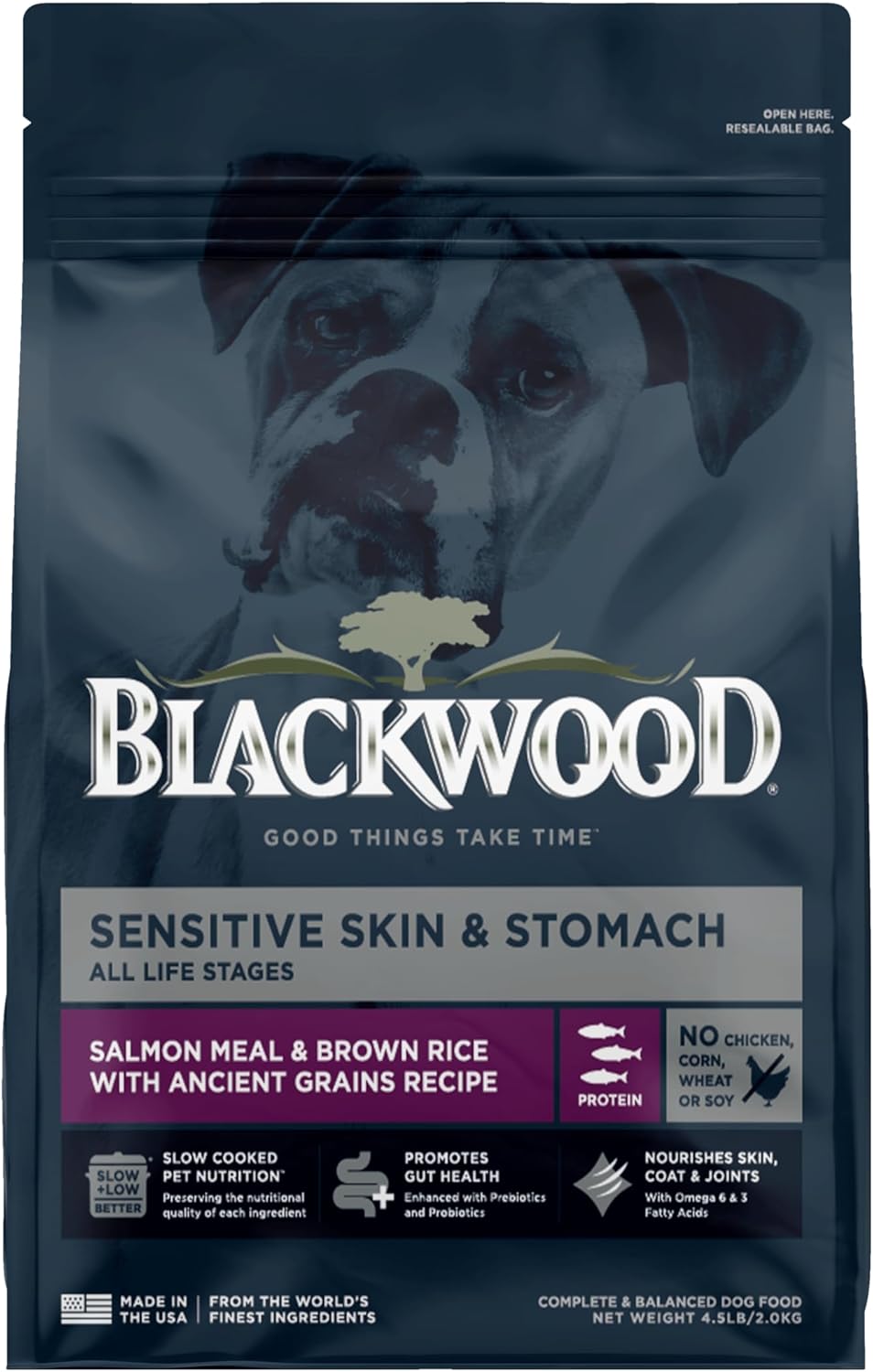 Blackwood Sensitive Skin & Stomach Dry Dog Food, Salmon Meal & Brown Rice with Ancient Grains, 4.5 Pound Bag with Prebiotics & Probiotics to Promote Gut Health Salmon Meal & Brown Rice with Ancient Grains 4.5 Pound (Pack of 1)