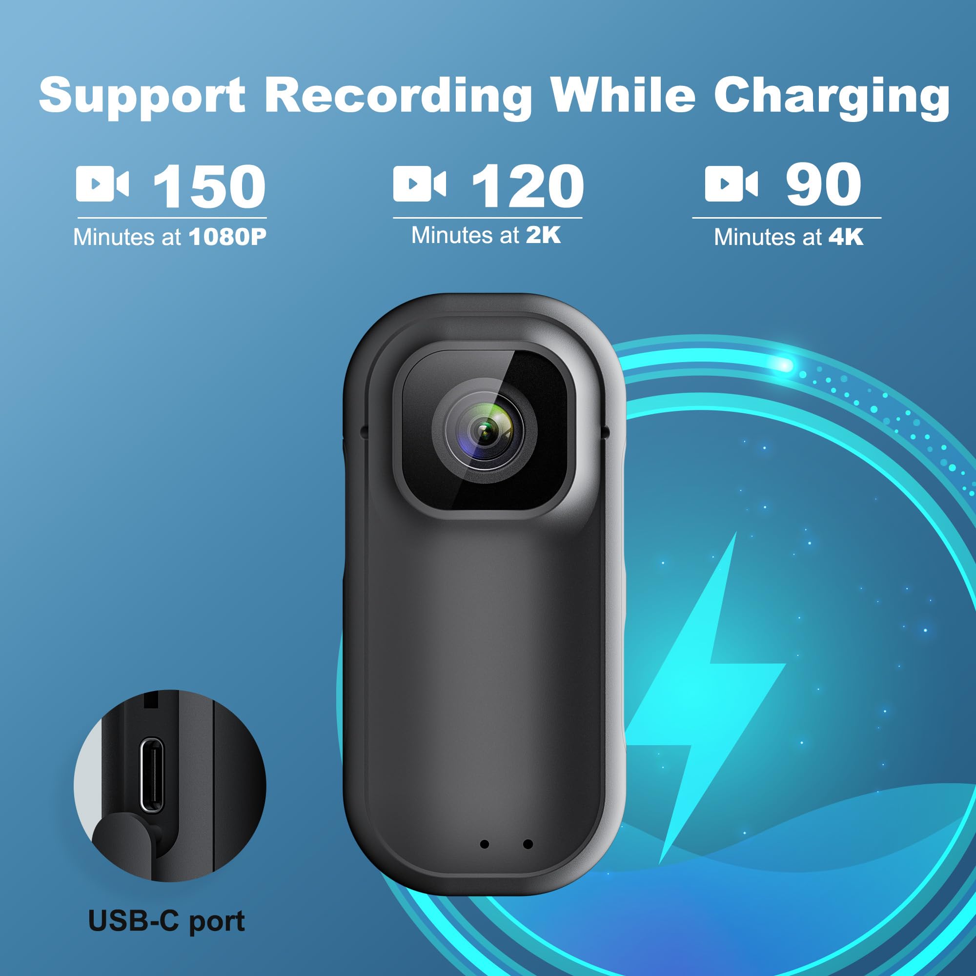 Mini-Bodycam 4K WiFi – 128 GB Action-Kamera mit 1,5-Zoll-Bildschirm | daumengroße POV-Kamera mit Ladetasche, Tragbare Sportkamera mit Zeitstempel für Sicherheit, Arbeit und Radfahren