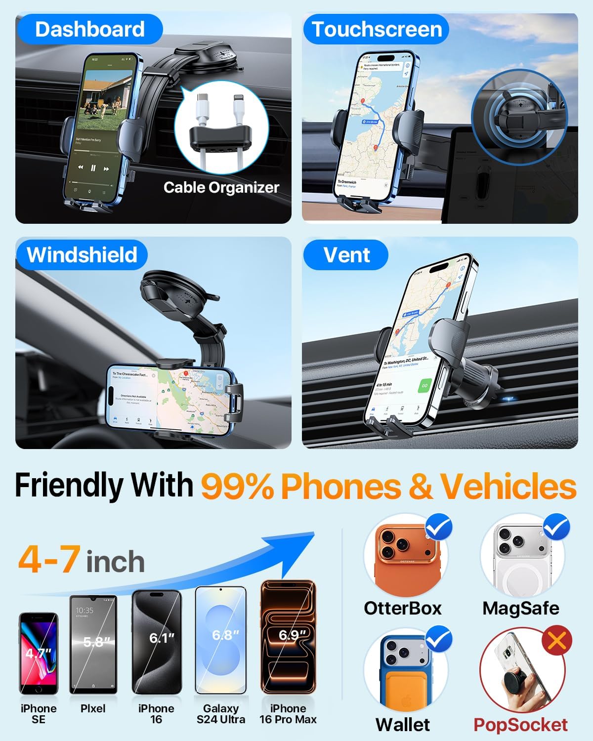 HTU Upgraded Strongest Suction Car Phone Holder Bendable Arm, Never Block View Rotatable Cellphone Mount for Dashboard Windshield Vent, Cradle Stand for iPhone 17 16 15 14 13 12 Pro Max (Dark Pink)