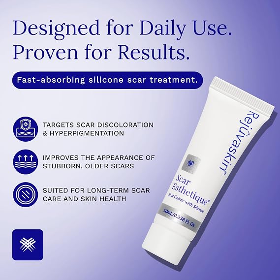 Rejuvaskin Scar Esthetique Scar Cream with Silicone, Reduces the Appearance of Surgical Scars, Burns, Stretch Marks, Keloids & Acne Scars, 10ml/0.338 Oz