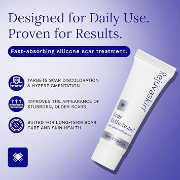 Rejuvaskin Scar Esthetique Scar Cream with Silicone, Reduces the Appearance of Surgical Scars, Burns, Stretch Marks, Keloids & Acne Scars, 10ml/0.338 Oz