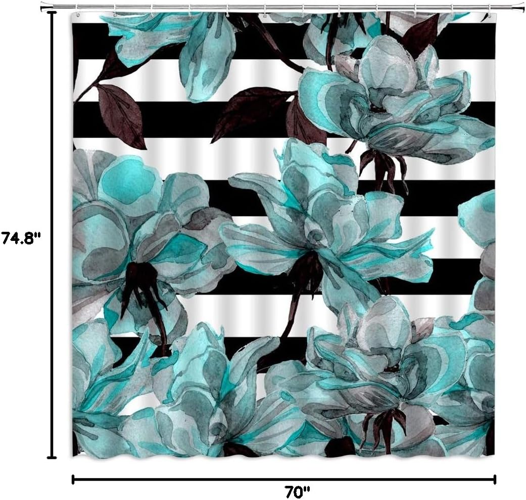 AMFD Teal Flower Shower Curtain Black,White Striped with Roses Rustic Floral Pattern Watercolor Colorful Abstract Art Home Bathroom Decor Set Polyester Fabric Include Hooks,Blue Teal Black,70x74.8inch
