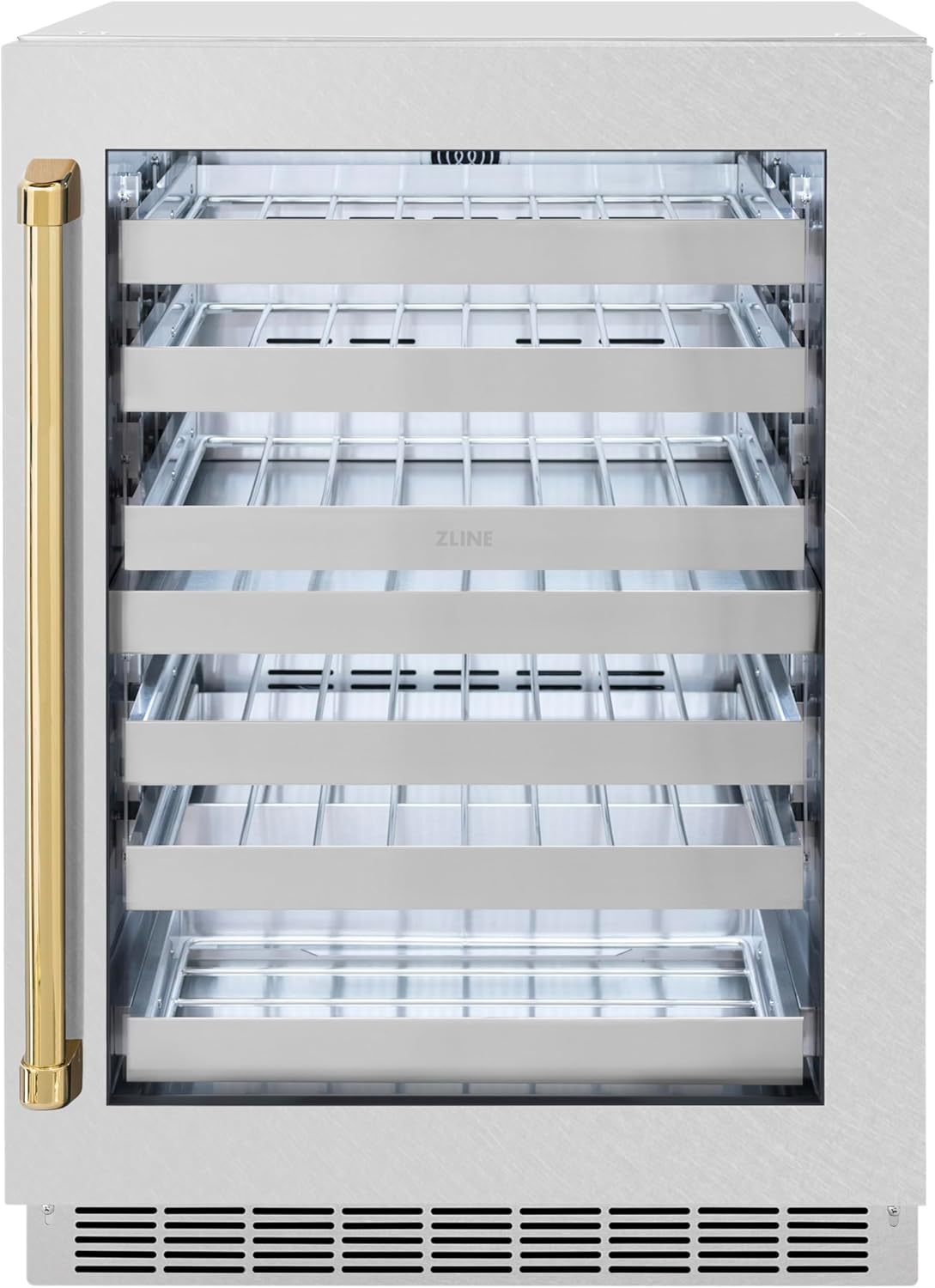ZLINE Autograph Edition 24 in. Touchstone Dual Zone 44 Bottle Wine Cooler with Satin Stainless Steel Glass Door and Polished Gold Handle (RWDOZ-SN-24-G)
