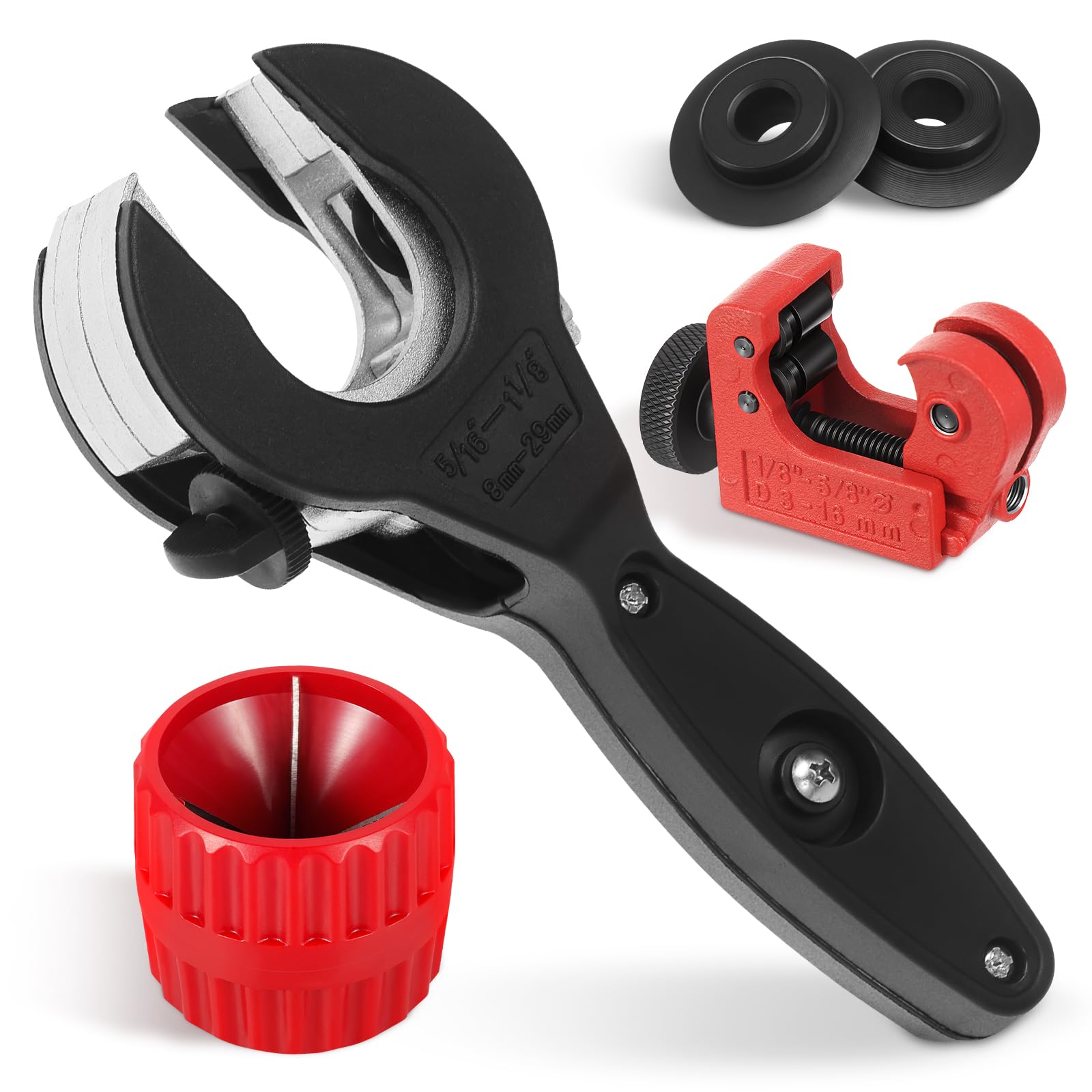 5Pcs Ratcheting Tubing Cutter Tool Set (6-29mm), 2-in-1 Close Quarters Pipe Cutter with Pipe Wrench, Deburring Tool & 2 Extra Cutting Wheels, Heavy Duty Copper Tube Cutters for PVC, Brass