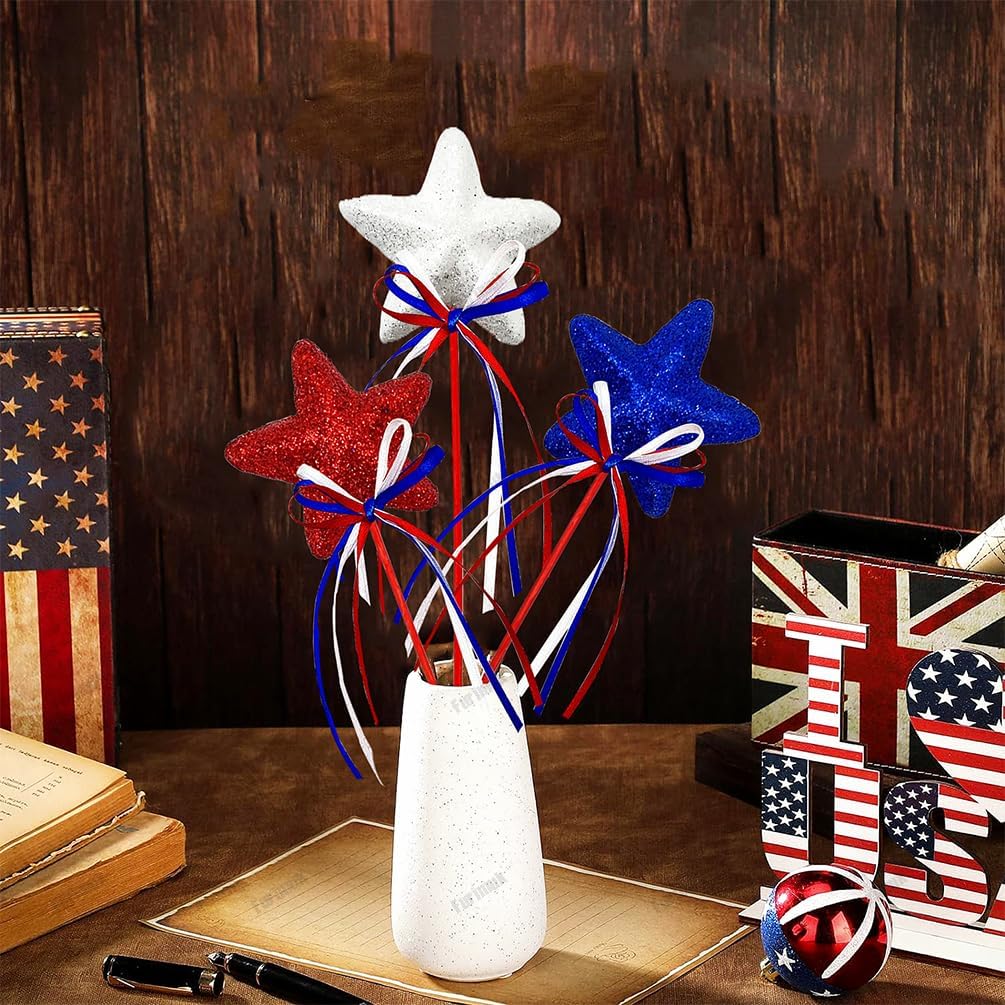 6 Pcs 4th of July Glitter Puffy Star Picks Foam Sparkly Sticks for Americana Independence Day Party Crafts Supplies Decorations, Memorial Day Patriotic Decor (Red White Blue)