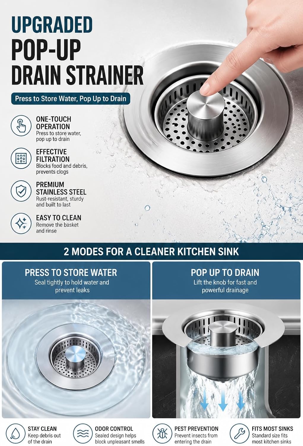 2-Packs 3-in-1 Kitchen Sink Filter Plug Set, Stainless Steel Wrap-Around Sink Drain, Fits US Standard 3-1/2 Inch Drain Filters, Smooth Handle for Easy Cleaning, Anti-Clogging