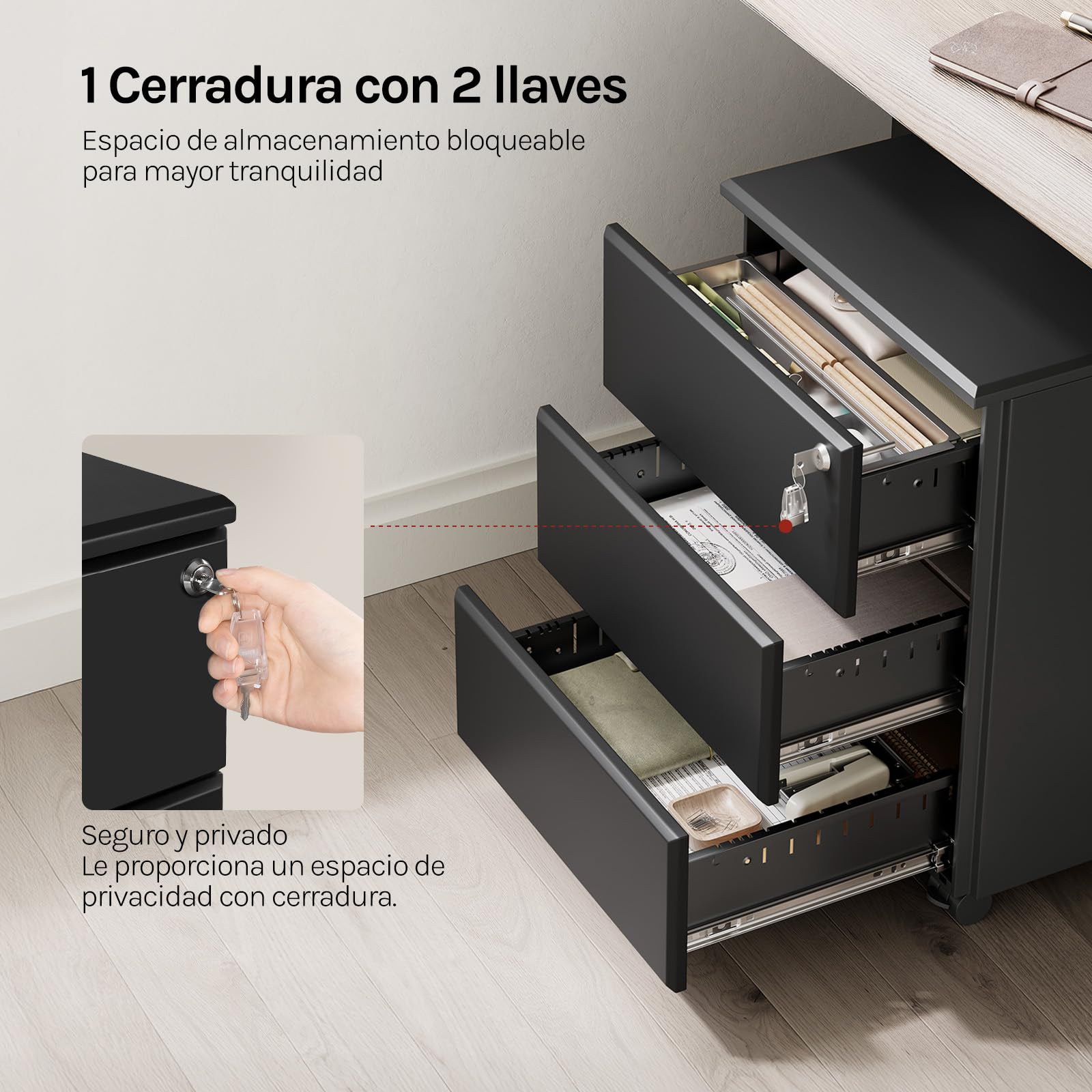 WOLTU Cajonera de Oficina Armario Archivador Móvil con Cerradura, Cajonera con Ruedas para Archivos A4 Carpetas Colgantes, Mueble Archivador Metálico para Oficina, Negro SK024sz