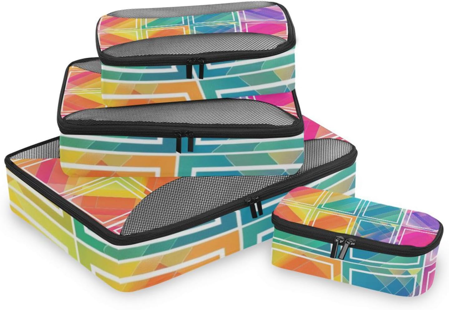 Colorful Gradient Geometric Print 4 Pcs set travel organizer bags Mesh Travel Essentials lightweight packing cubes compression