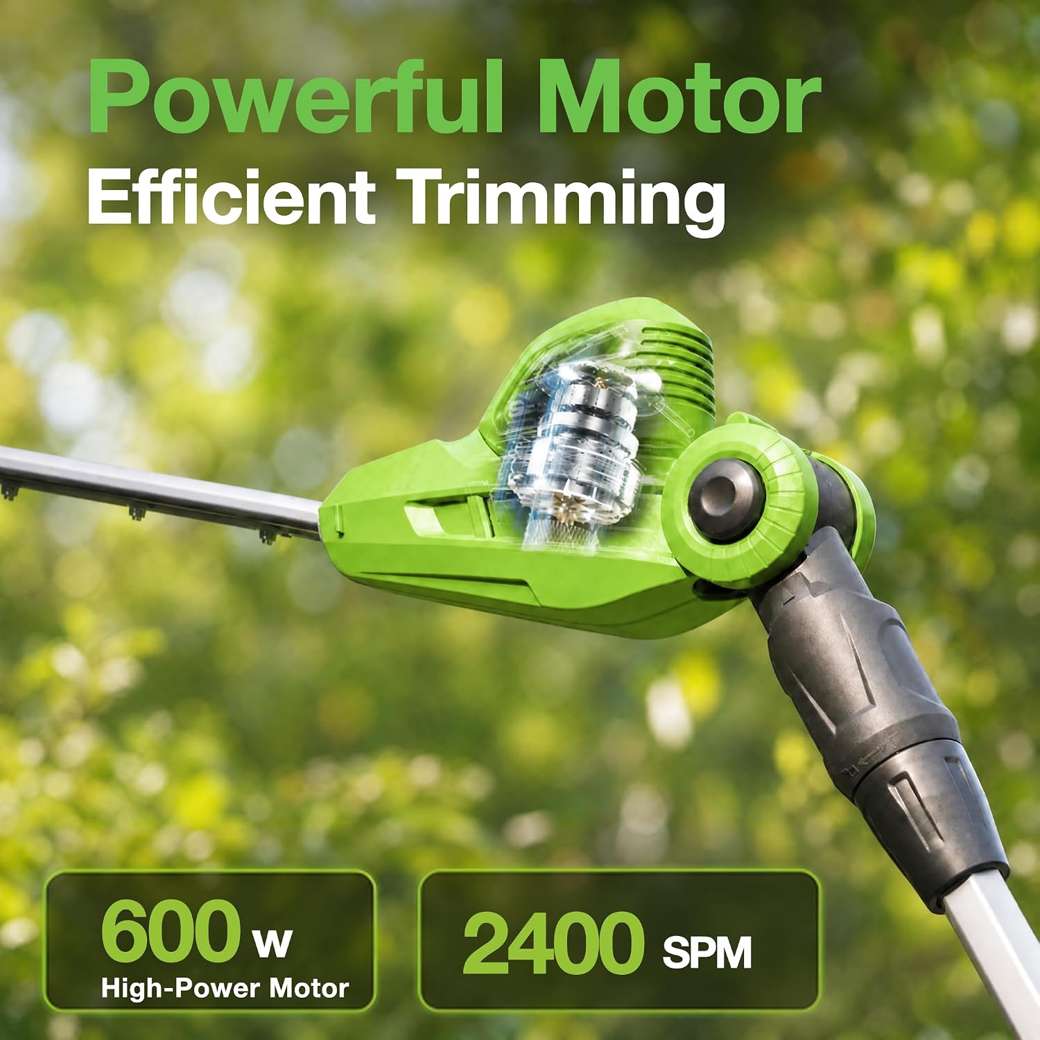 An exploded view of the Taskstar Pole Hedge Trimmer's motor, highlighting its 600W power and 2400 SPM capability.