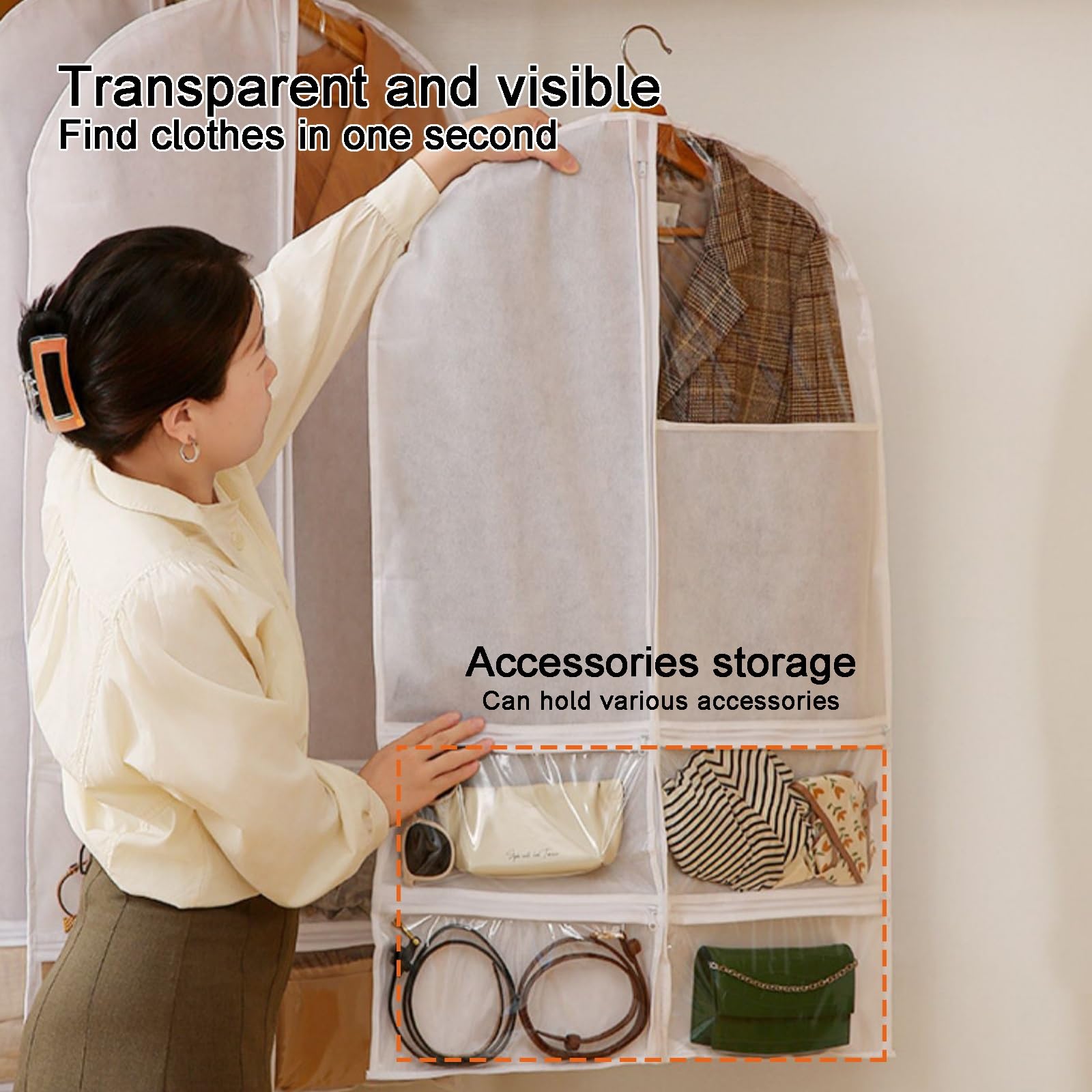 Bolsas para Ropa de Viaje y Almacenamiento, Fundas Protectoras para Ropa, con 4 Bolsillos Transparentes, para Ropa, Trajes, Vestidos, Camisas y Abrigos (Negro, 120 cm 47 Pulgadas)