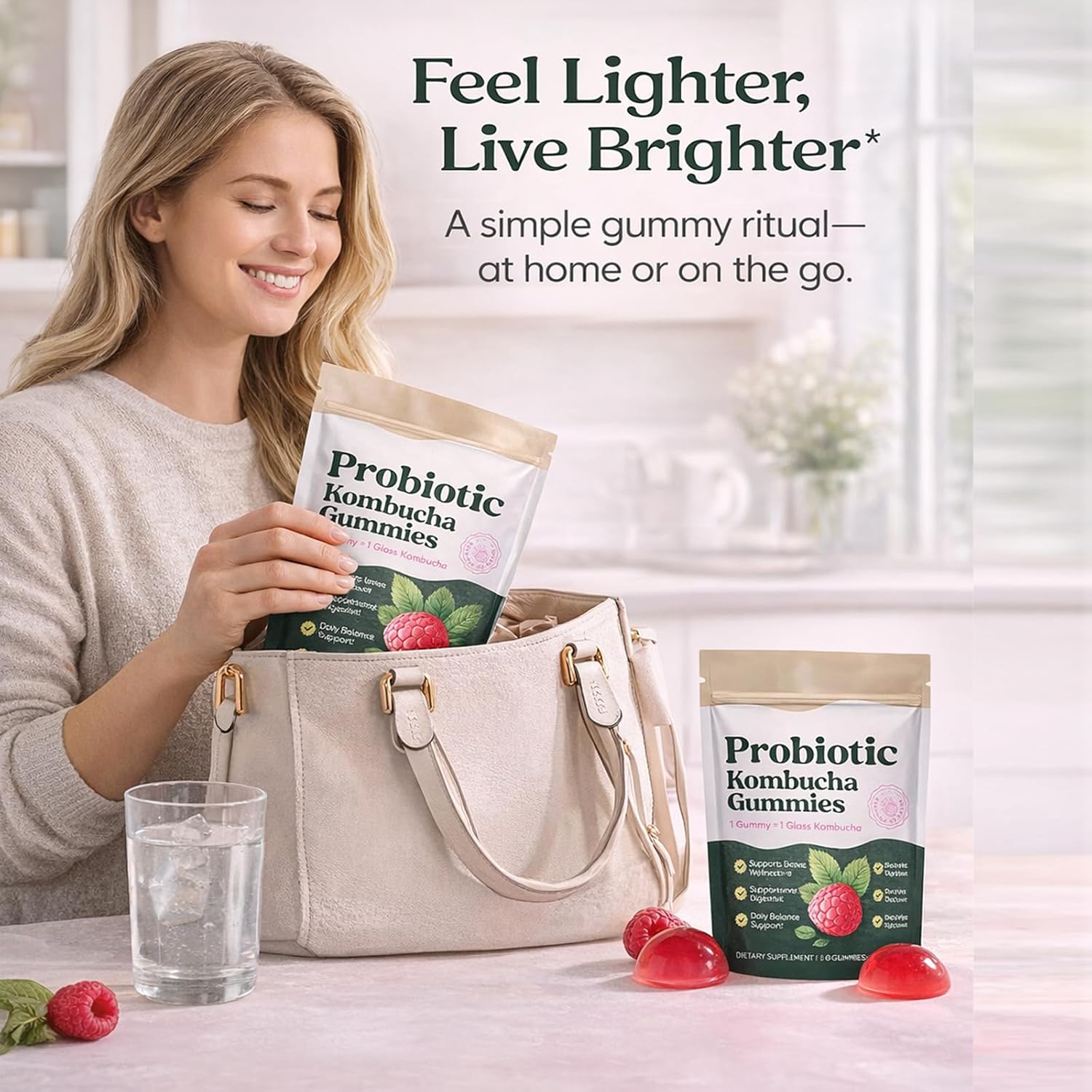 Probiotic Kombucha Gummies with Prebiotics, Probiotics & Postbiotics – Digestive Support Fiber Gummy Supplement with Slippery Elm, Dandelion Root & MCT Oil – Vegan, Non-GMO, 60 Gummies - Image 4